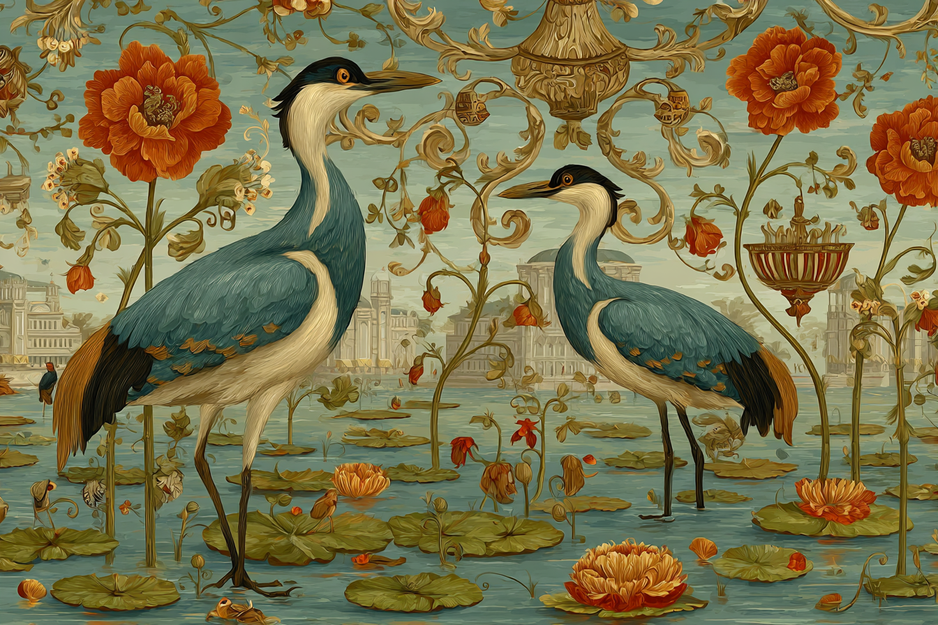 Voegel Im Wasser Mit Blumen Und Stadtansicht | Collagen | Kunstgattungen