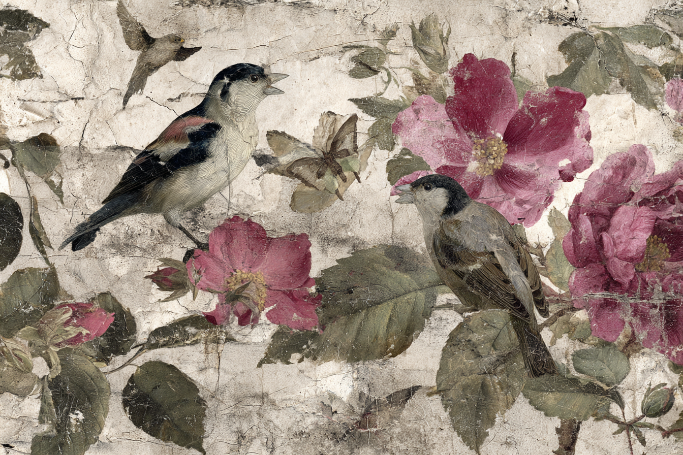 Voegel Und Blumen Botanische Illustration 2023 | Collagen | Kunstgattungen