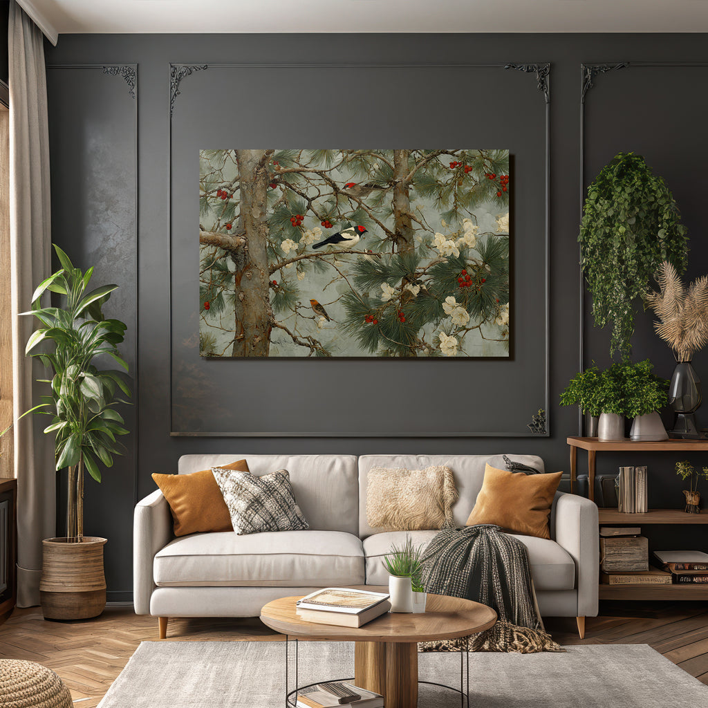 Vogel Auf Zweigen Umgeben Von Kiefernnadeln Und Blumen