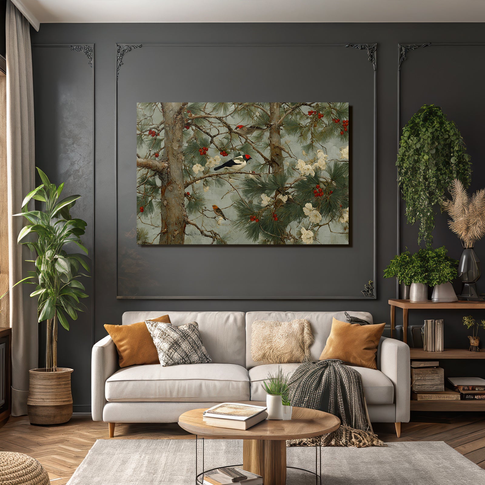Vogel Auf Zweigen Umgeben Von Kiefernnadeln Und Blumen