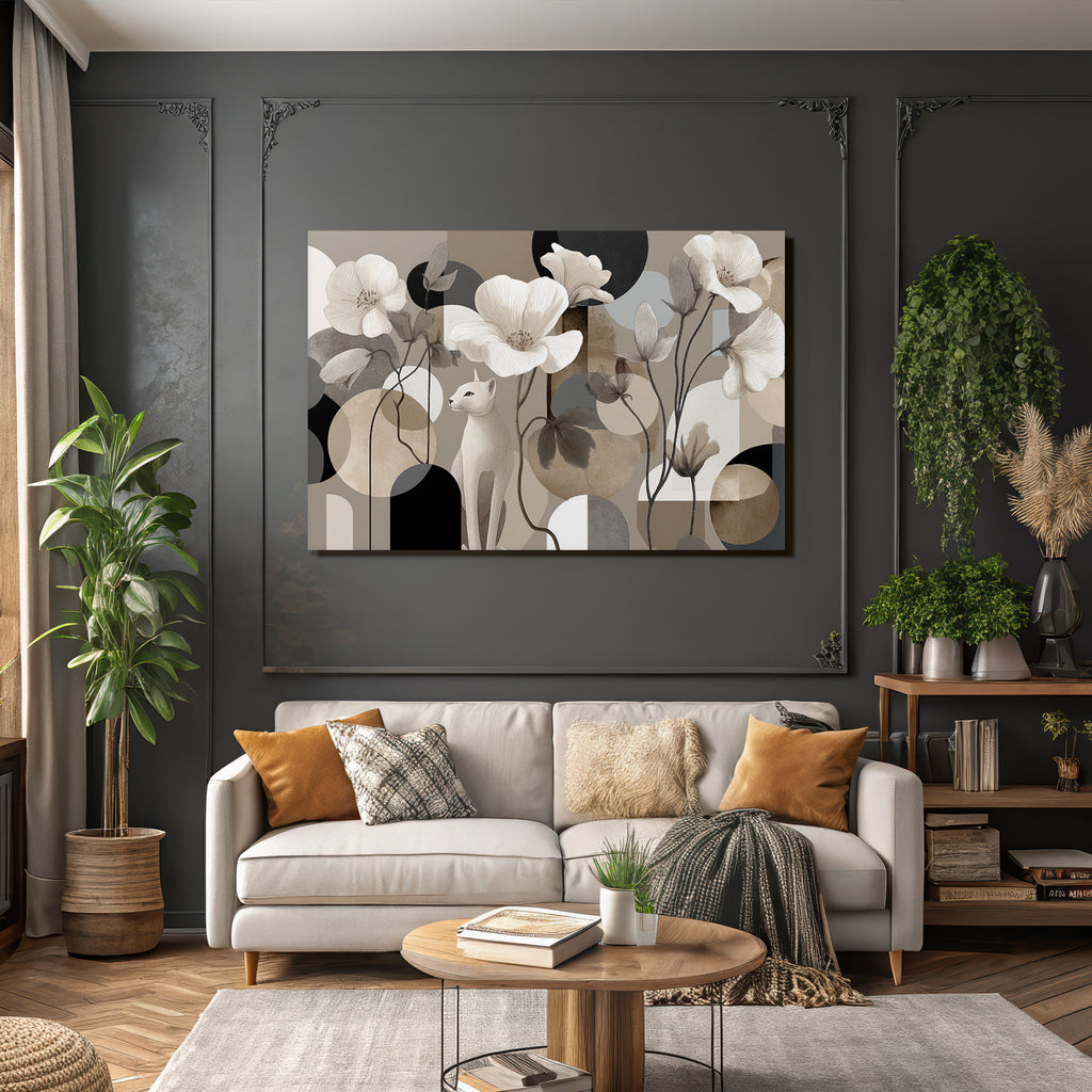 Weisse Cat Mit Blumen Geometrische Formen Abstrakt Design