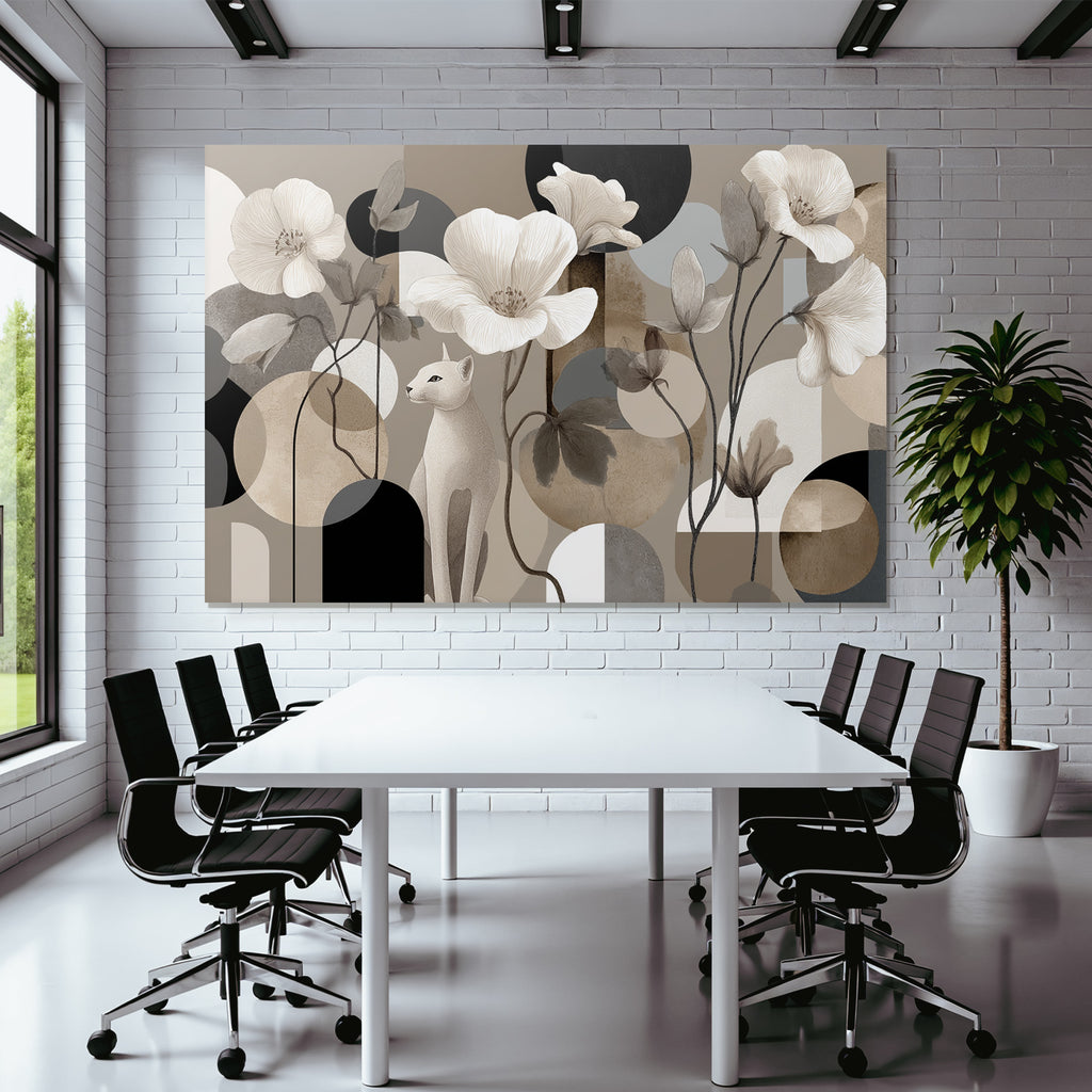 Weisse Cat Mit Blumen Geometrische Formen Abstrakt Design