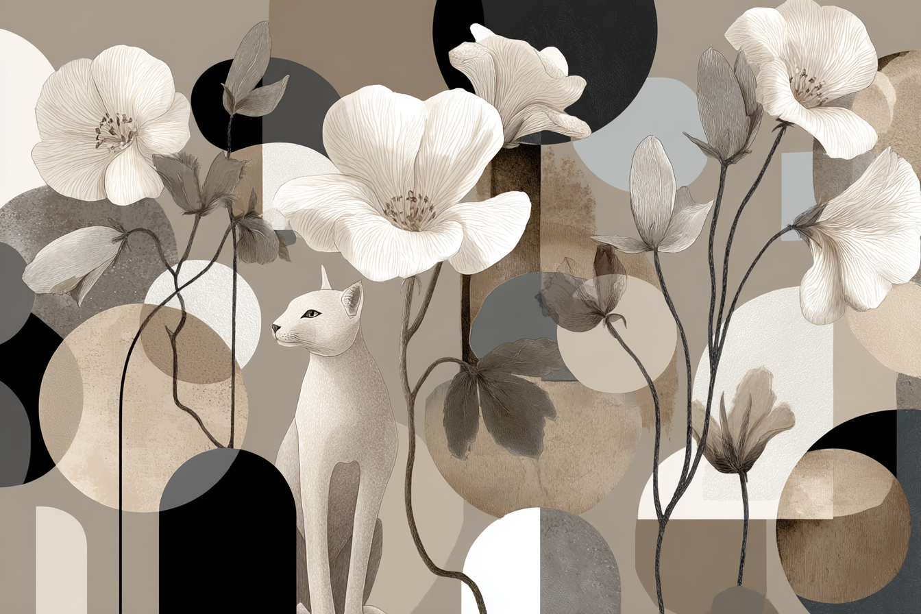 Weisse Cat Mit Blumen Geometrische Formen Abstrakt Design | Collagen | Kunstgattungen