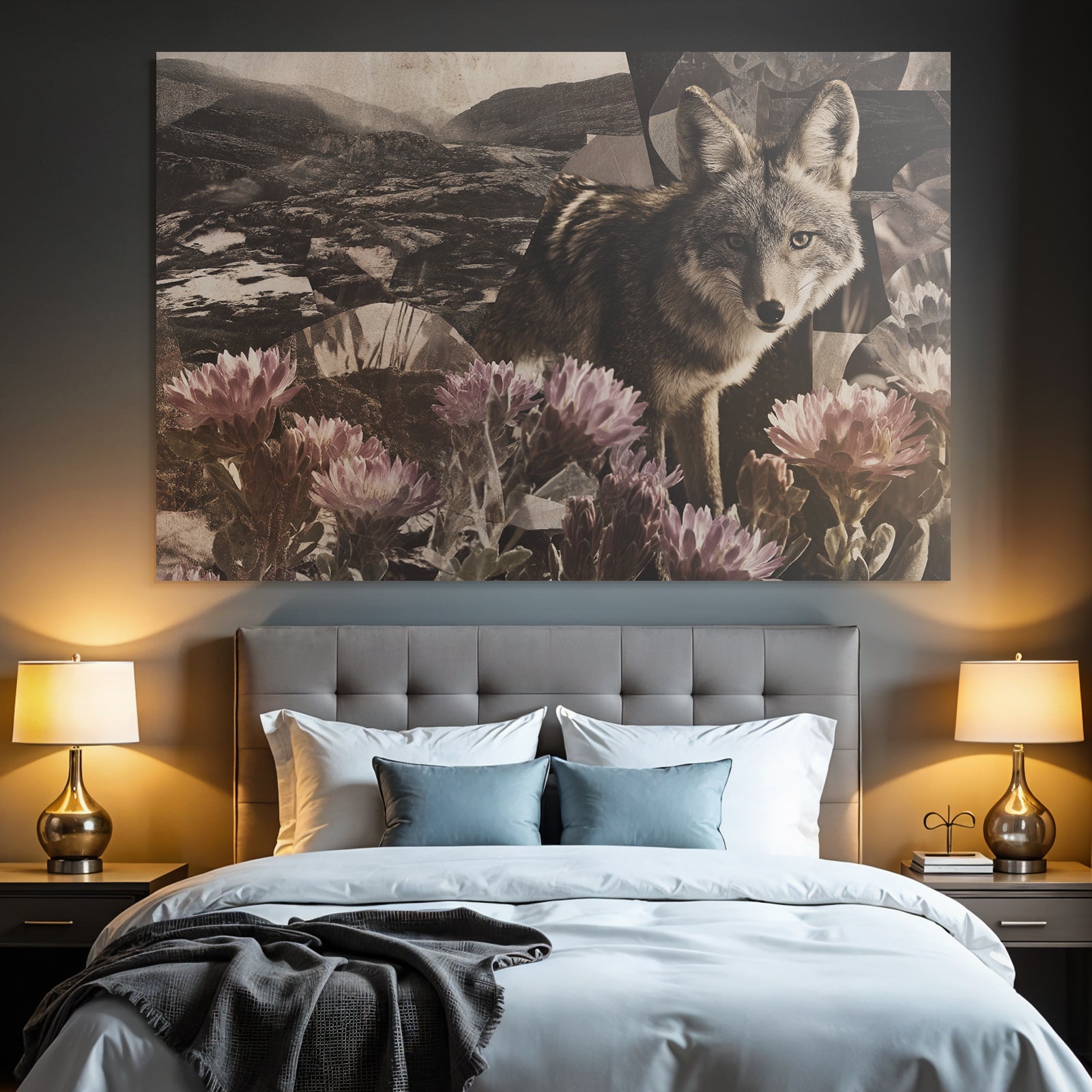 Wolf Oder Coyote Collage Natur Geometrische Formen Blumen