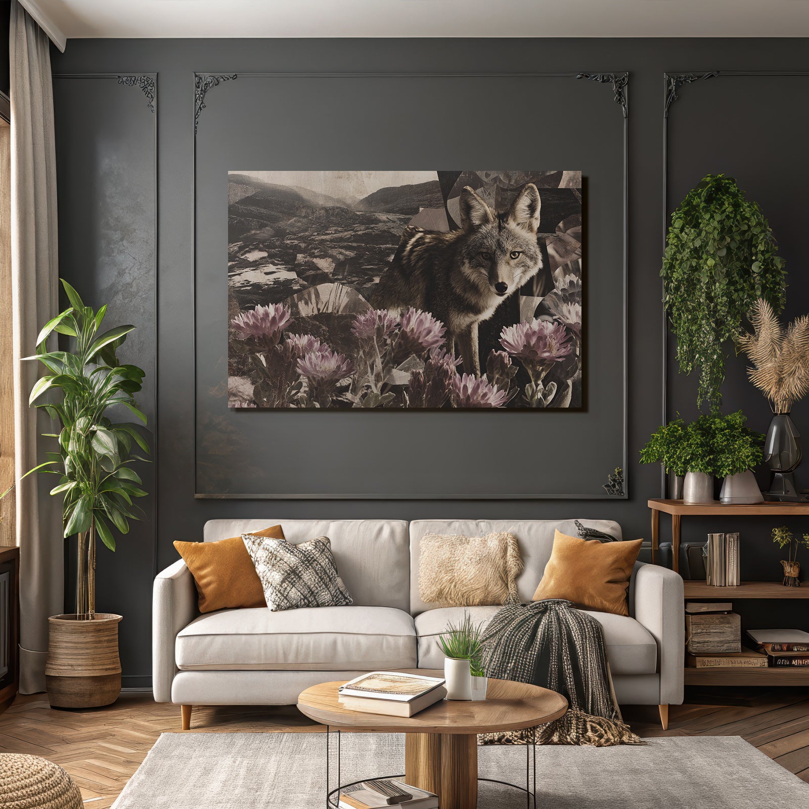 Wolf Oder Coyote Collage Natur Geometrische Formen Blumen
