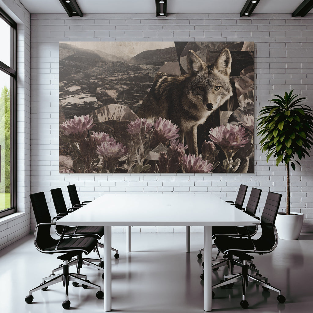 Wolf Oder Coyote Collage Natur Geometrische Formen Blumen