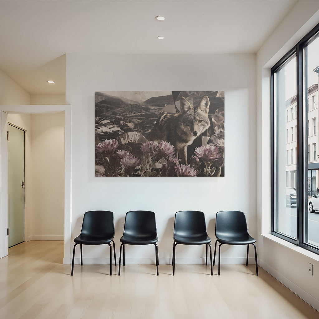 Wolf Oder Coyote Collage Natur Geometrische Formen Blumen