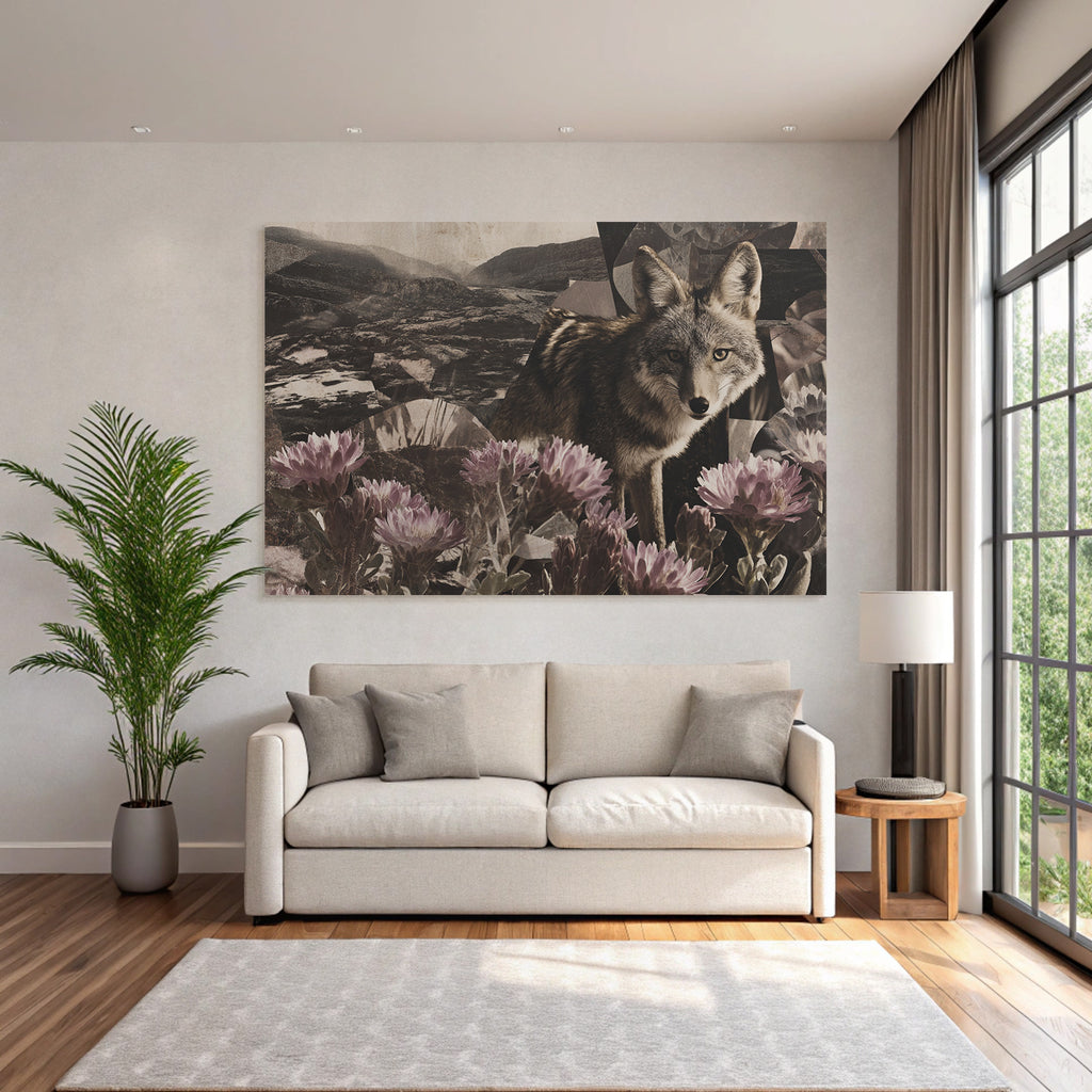 Wolf Oder Coyote Collage Natur Geometrische Formen Blumen