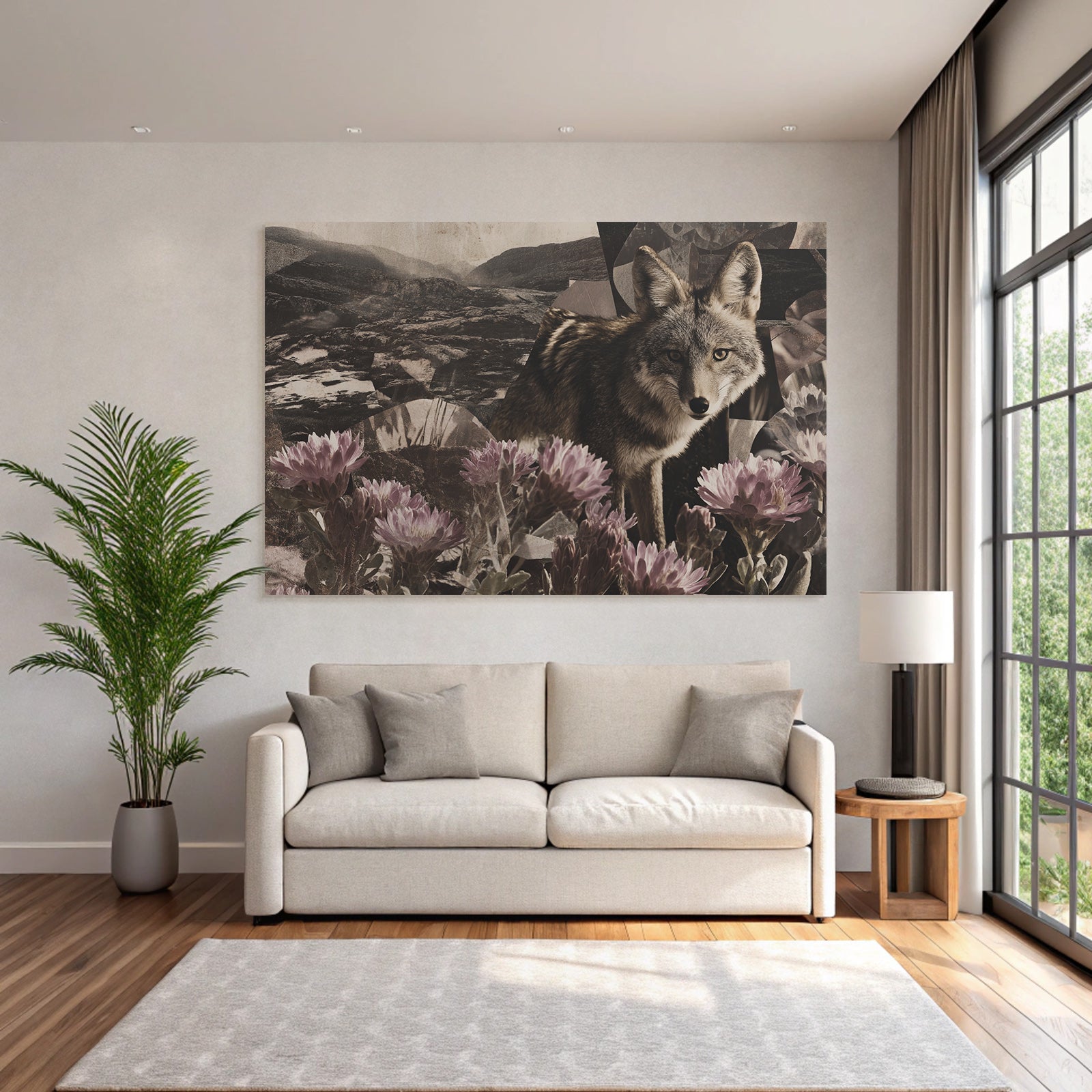 Wolf Oder Coyote Collage Natur Geometrische Formen Blumen