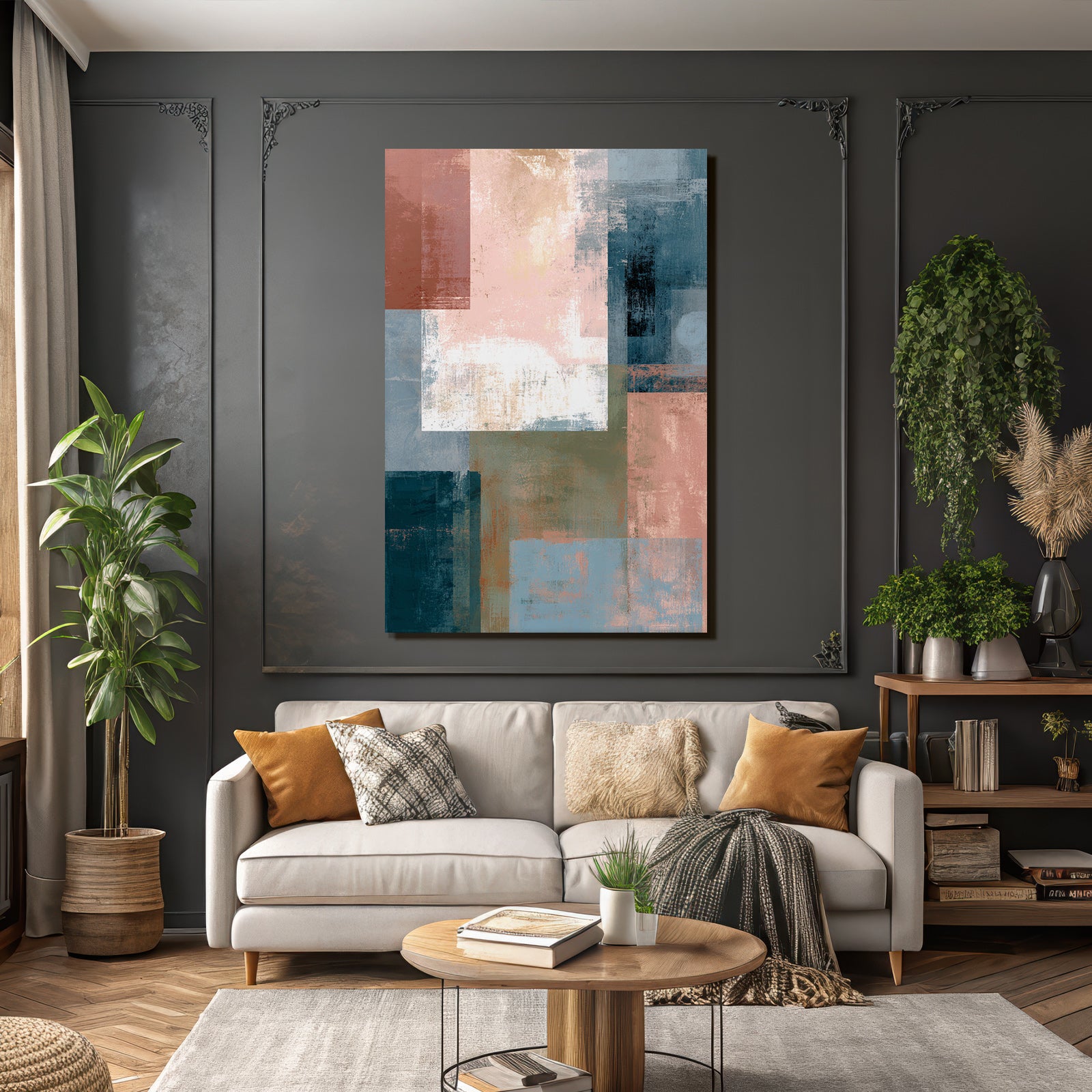 Abstrakte Kunst Collage Blautoene Rosa Braun Muted Tonen