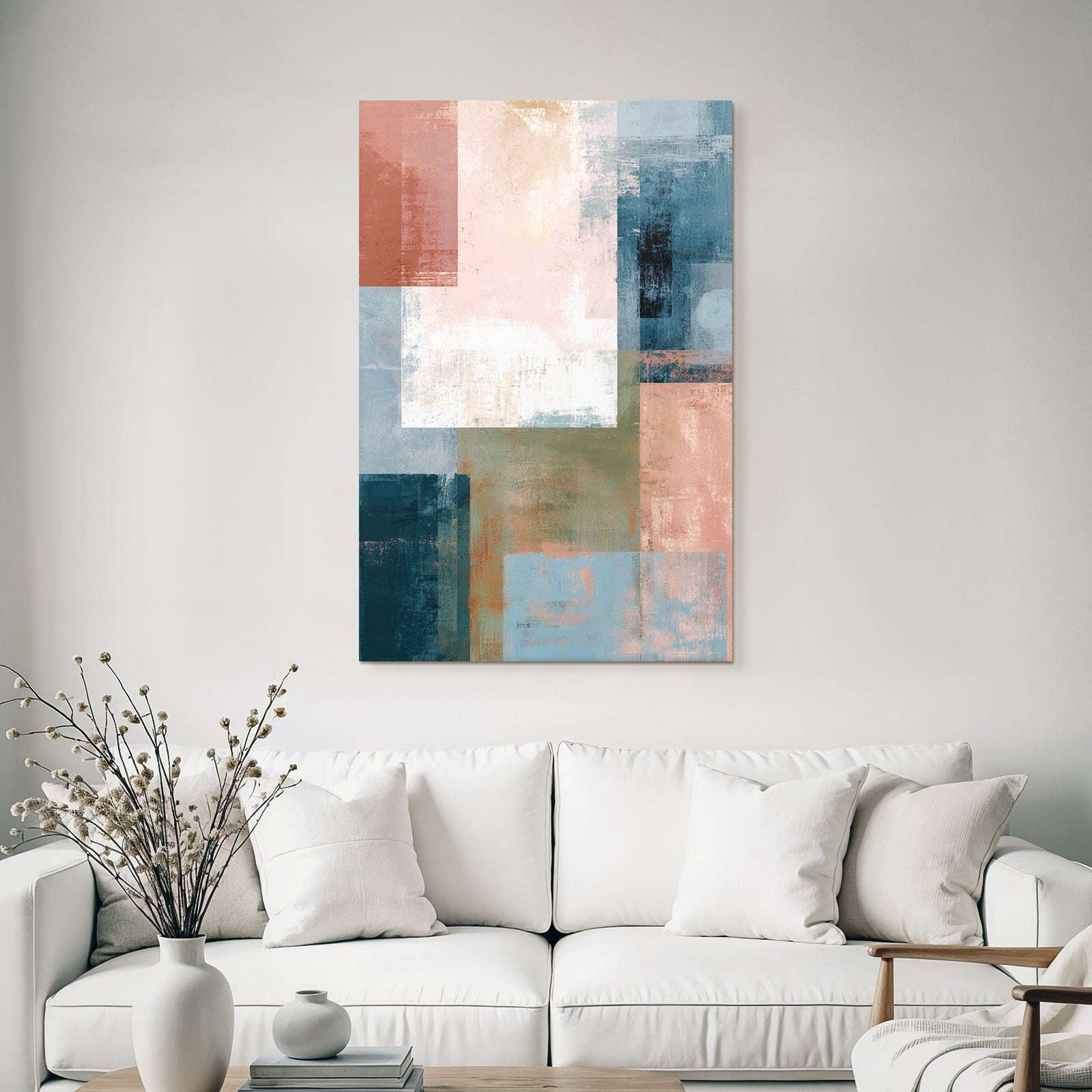 Abstrakte Kunst Collage Blautoene Rosa Braun Muted Tonen