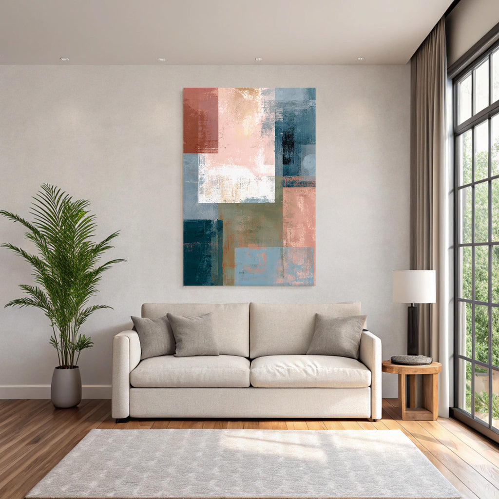 Abstract Art Collage Blue Tones Pink Brown Muted Tones