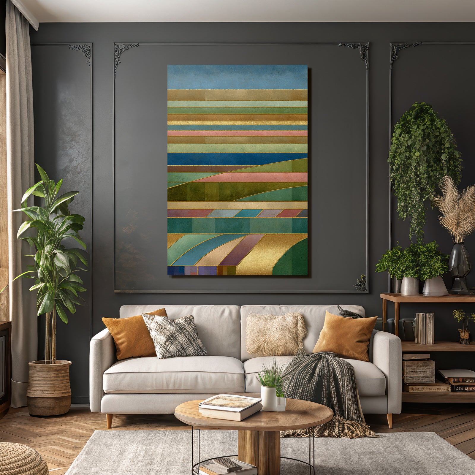 Abstrakte Kunst Mit Geometrischen Formen Bunten Baendern Und Stilisierter Natur