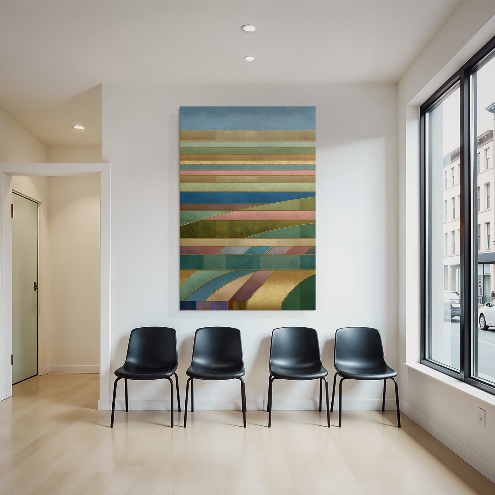 Abstrakte Kunst Mit Geometrischen Formen Bunten Baendern Und Stilisierter Natur