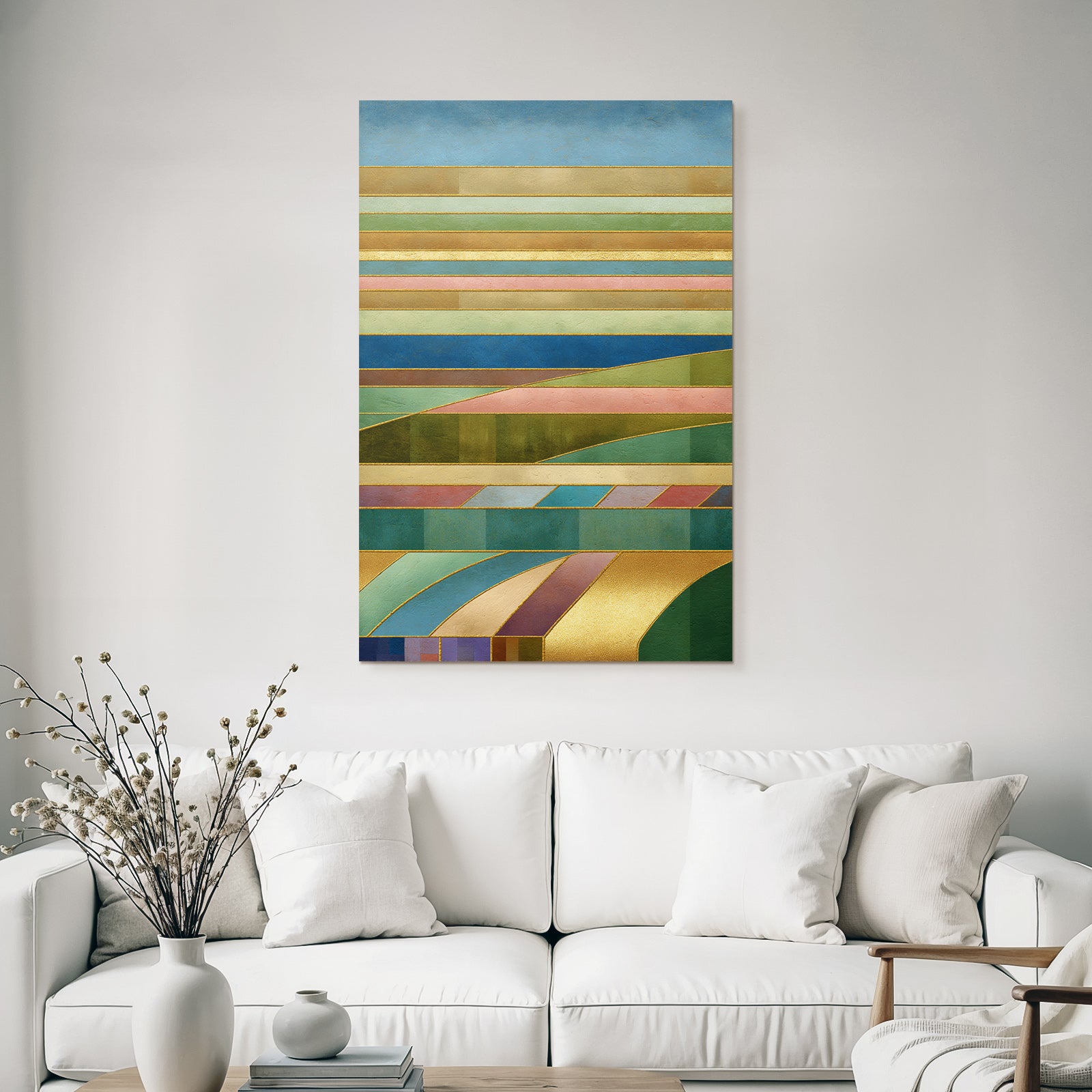Abstrakte Kunst Mit Geometrischen Formen Bunten Baendern Und Stilisierter Natur