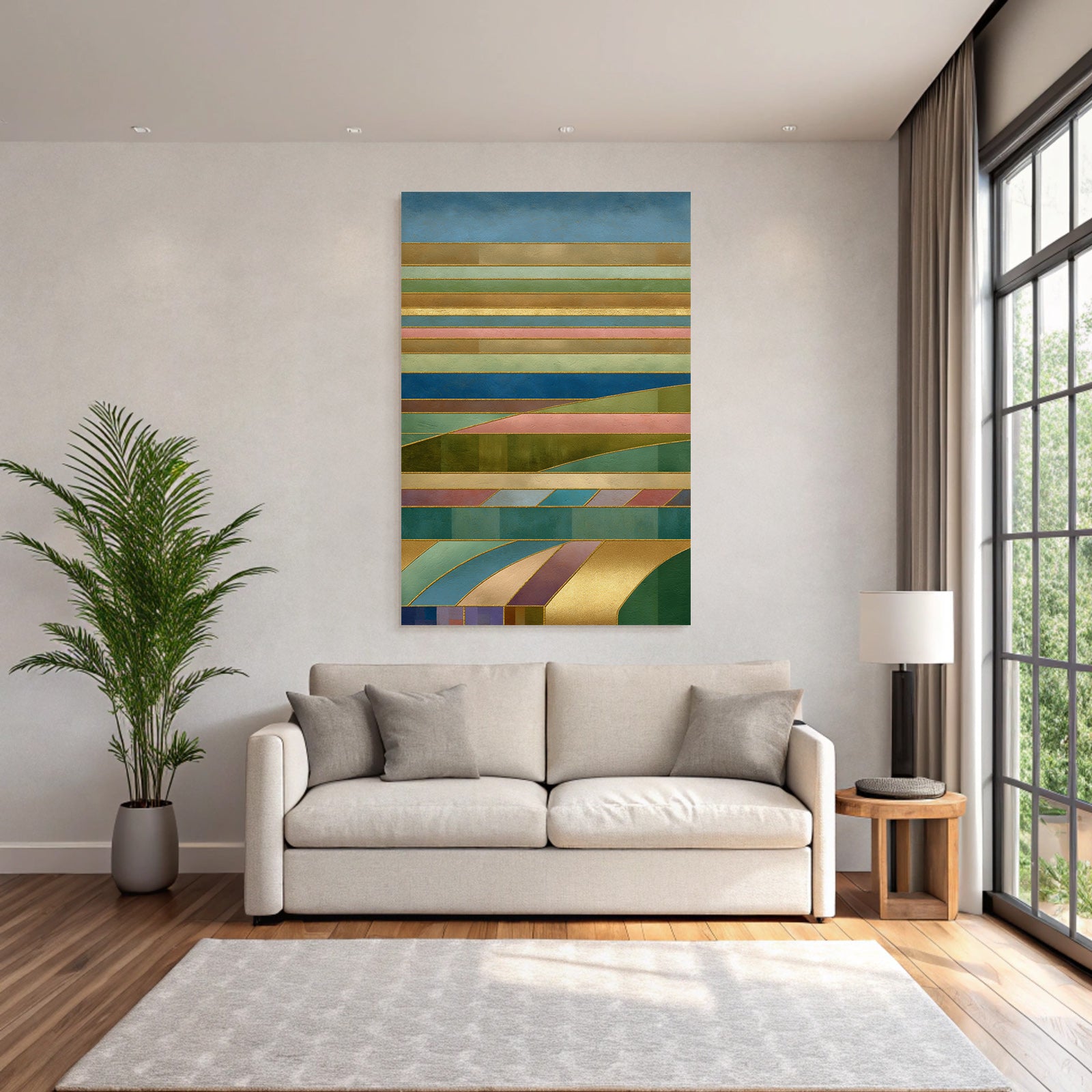 Abstrakte Kunst Mit Geometrischen Formen Bunten Baendern Und Stilisierter Natur