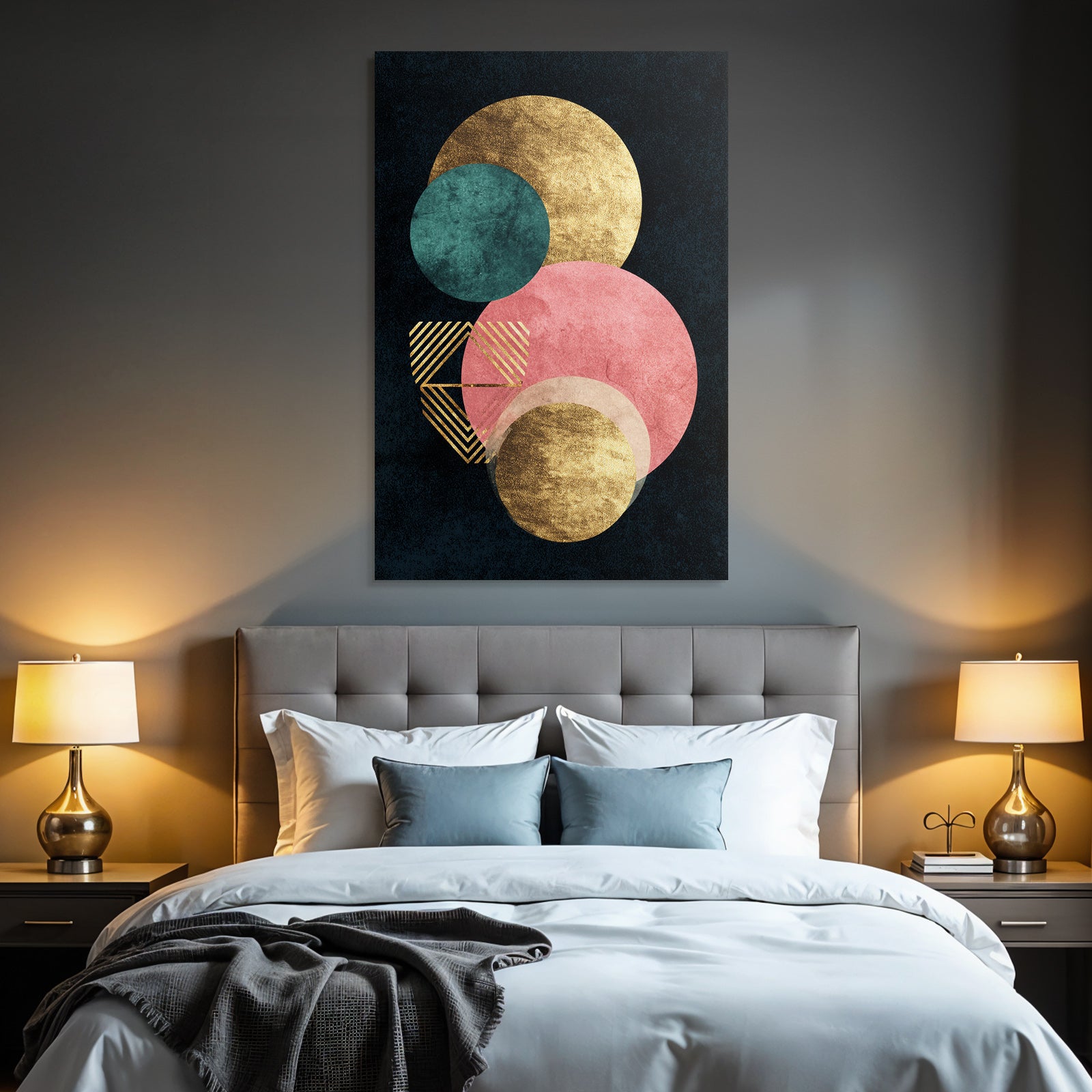 Abstraktes Design Geometrische Formen Kreise Gold Teal Pink Streifen Dunkler Hintergrund