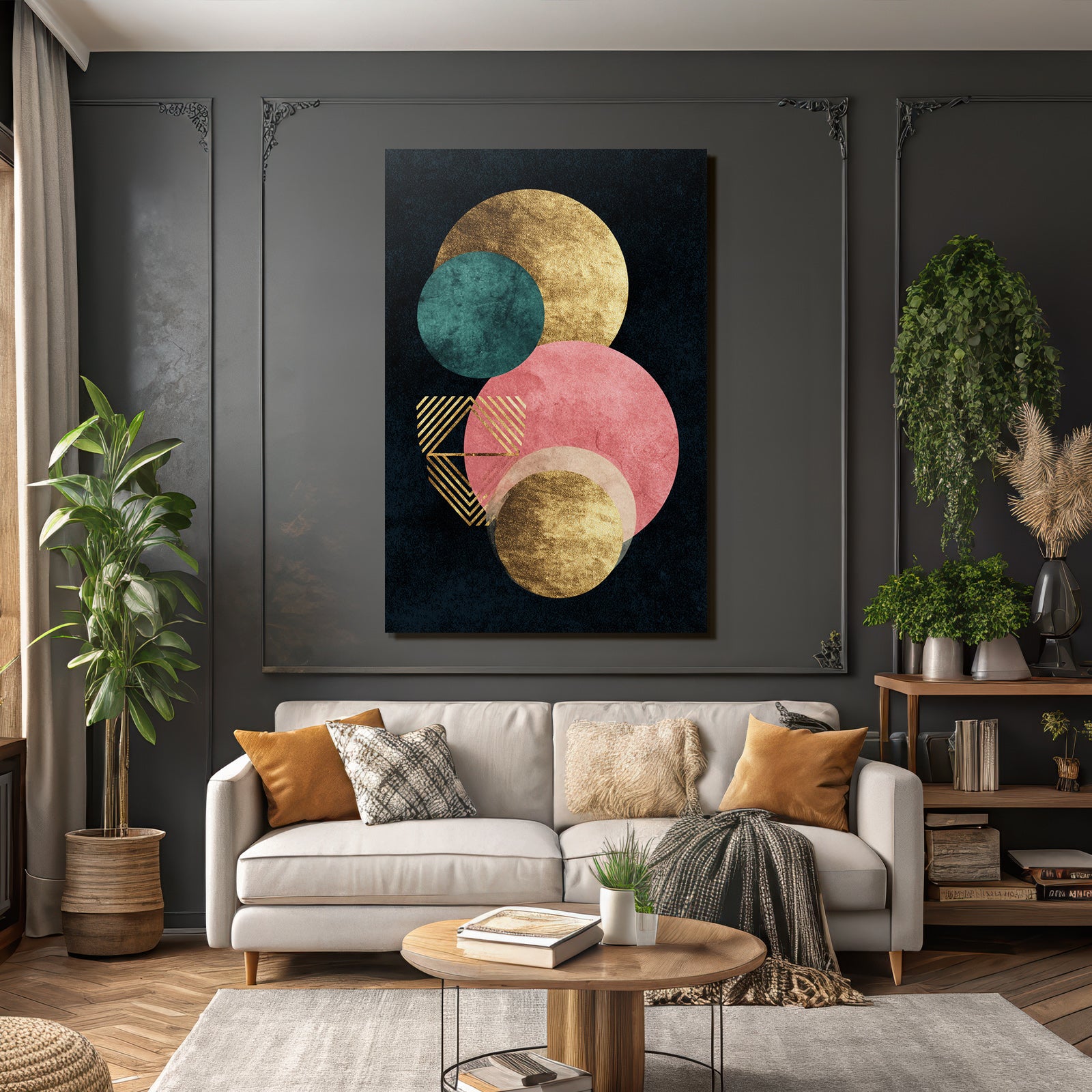 Abstraktes Design Geometrische Formen Kreise Gold Teal Pink Streifen Dunkler Hintergrund