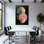 Abstract Design Geometric Shapes Circles Gold Teal Pink Stripes Dark Background