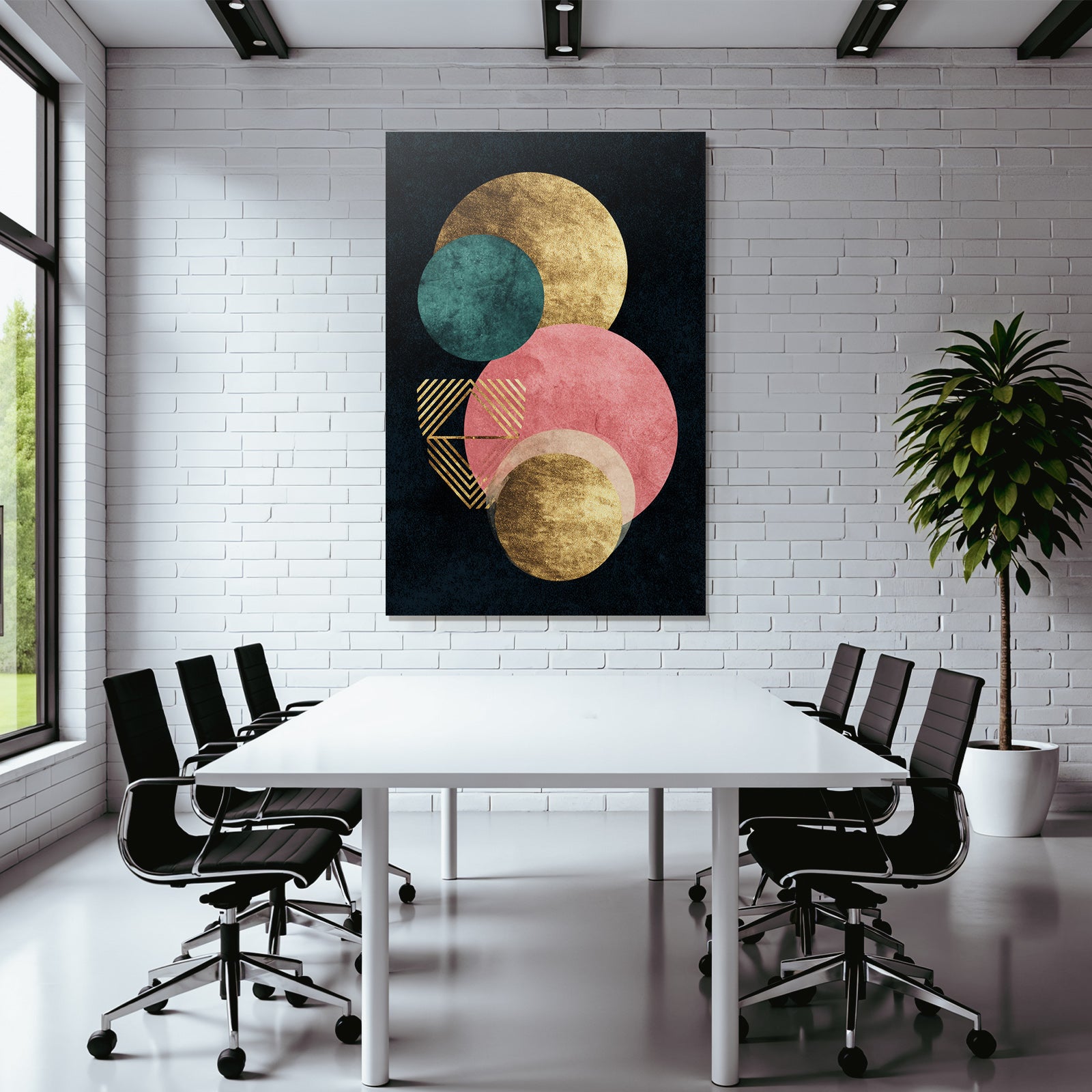 Abstraktes Design Geometrische Formen Kreise Gold Teal Pink Streifen Dunkler Hintergrund