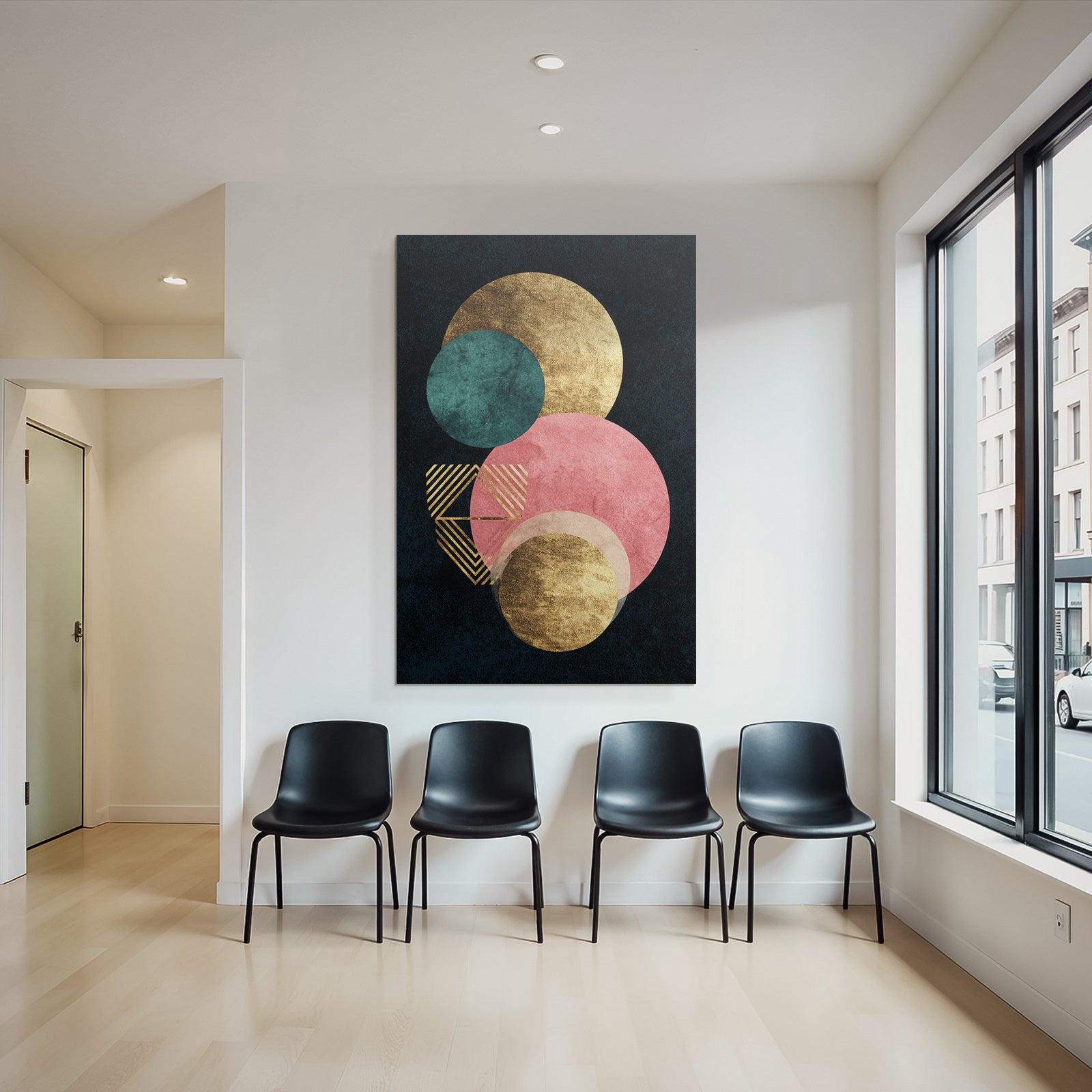 Abstraktes Design Geometrische Formen Kreise Gold Teal Pink Streifen Dunkler Hintergrund