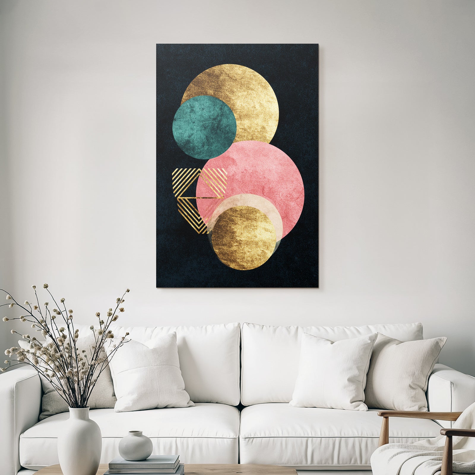 Abstraktes Design Geometrische Formen Kreise Gold Teal Pink Streifen Dunkler Hintergrund