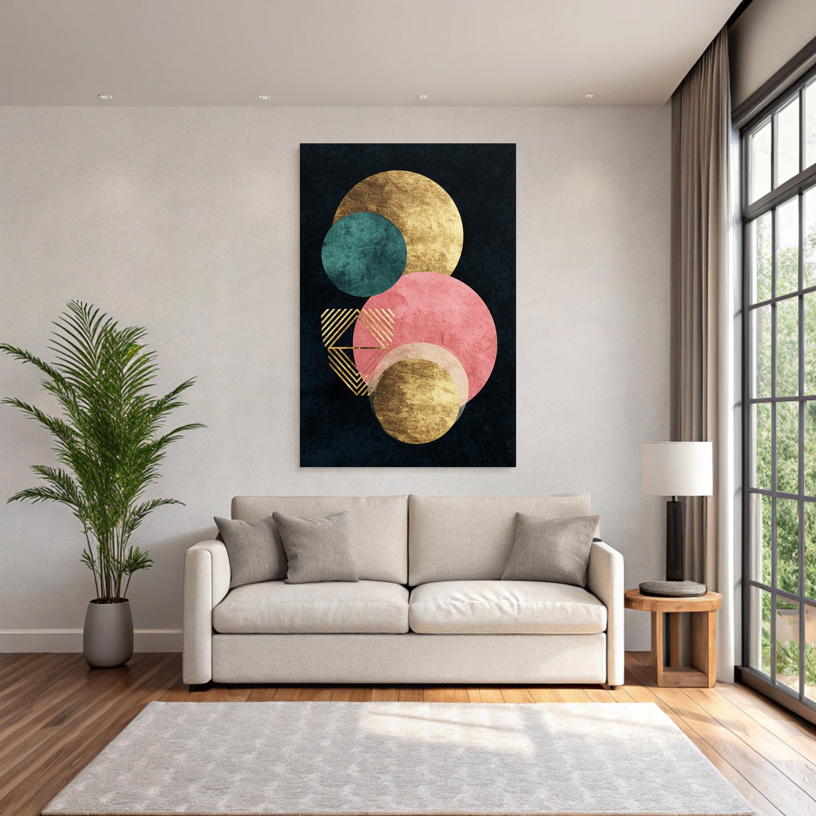 Abstraktes Design Geometrische Formen Kreise Gold Teal Pink Streifen Dunkler Hintergrund