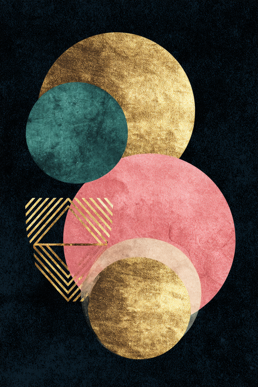 Abstraktes Design Geometrische Formen Kreise Gold Teal Pink Streifen Dunkler Hintergrund | Digital Art | Kunstgattungen