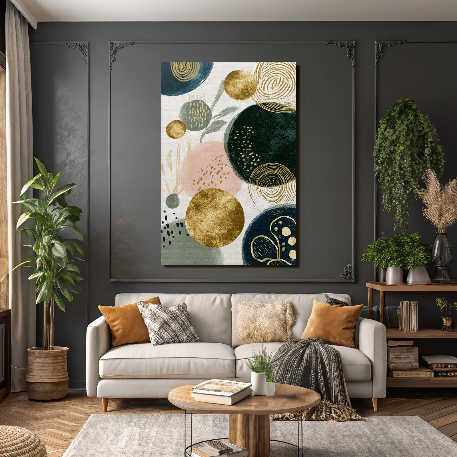 Abstraktes Design Kreise Gold Dunkelgruen Pastellfarben