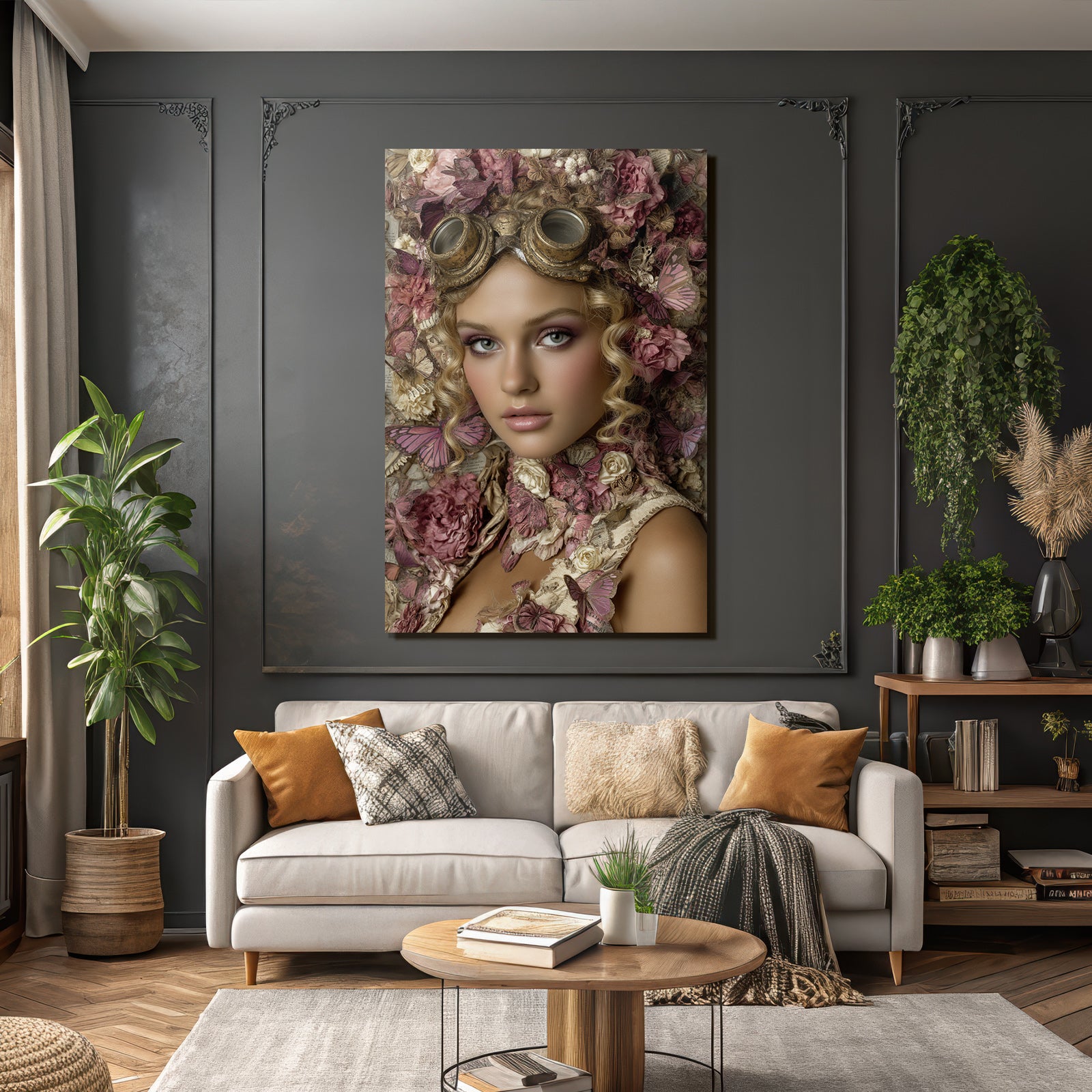 Blumen Butterfliegen Steampunk Goggles Portrait Kreativ Vibrante Aesthetik