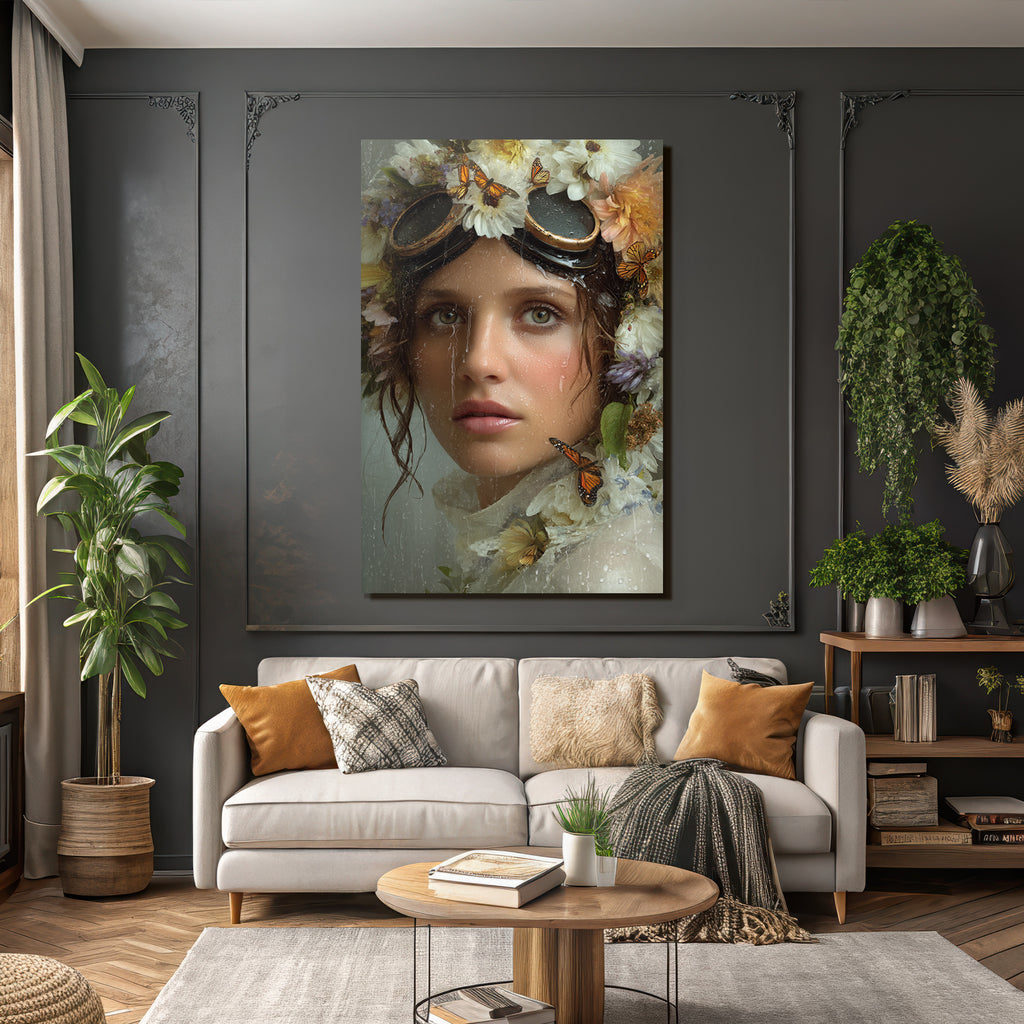 Flower wreath woman butterflies water dreamer label