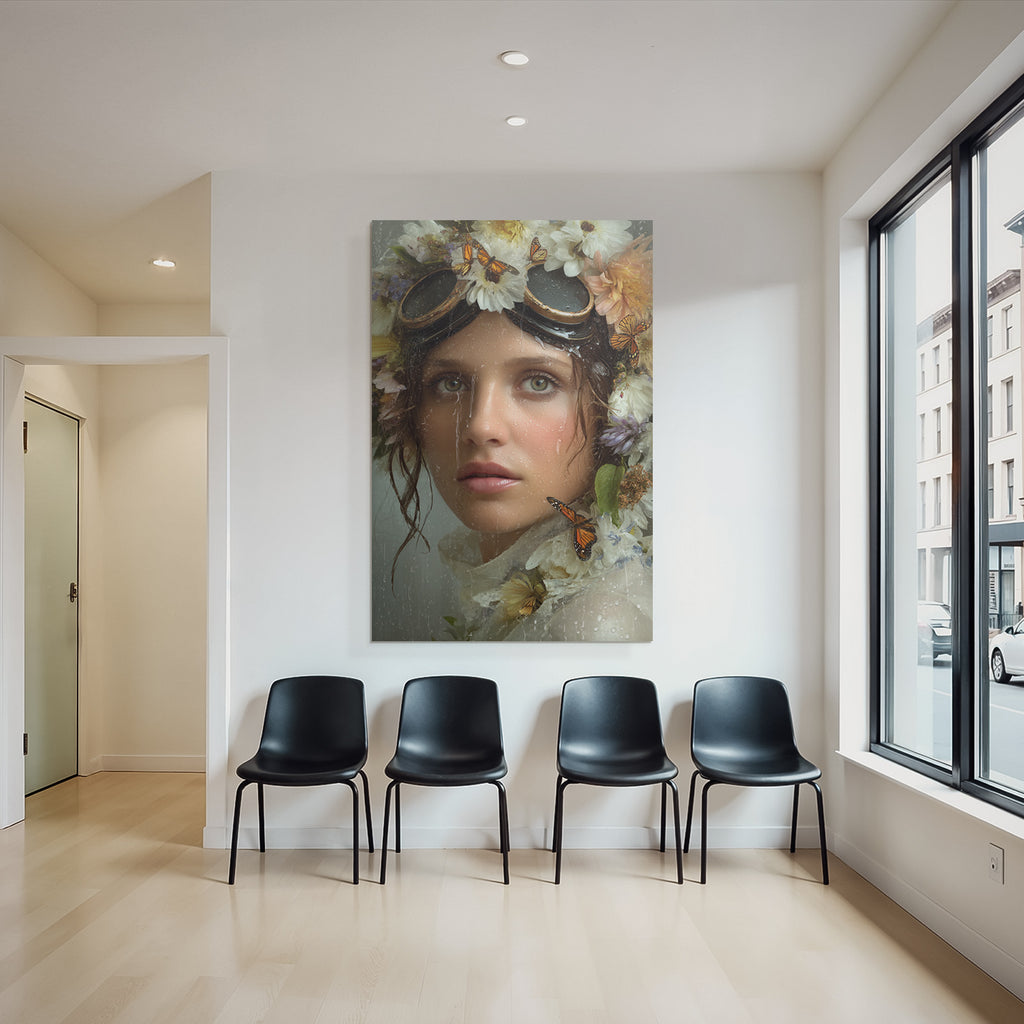 Flower wreath woman butterflies water dreamer label