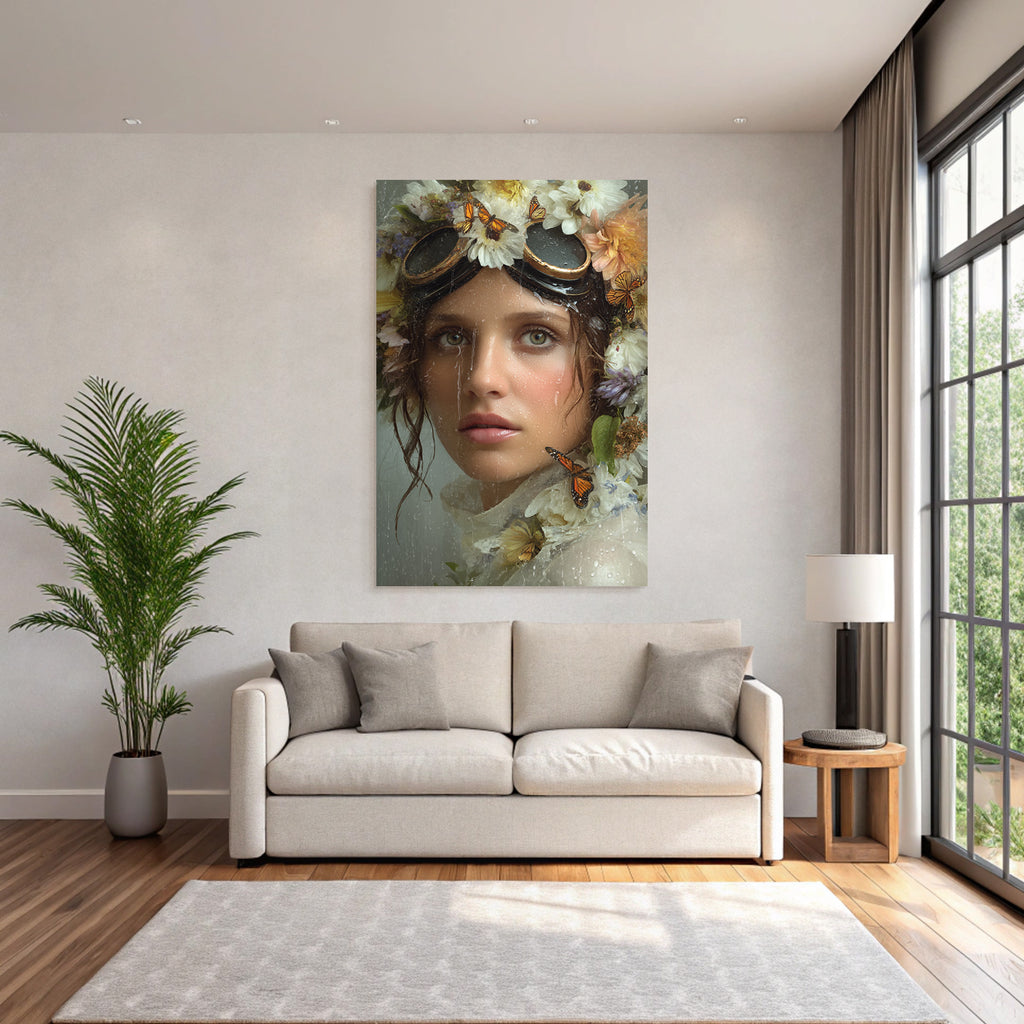 Flower wreath woman butterflies water dreamer label