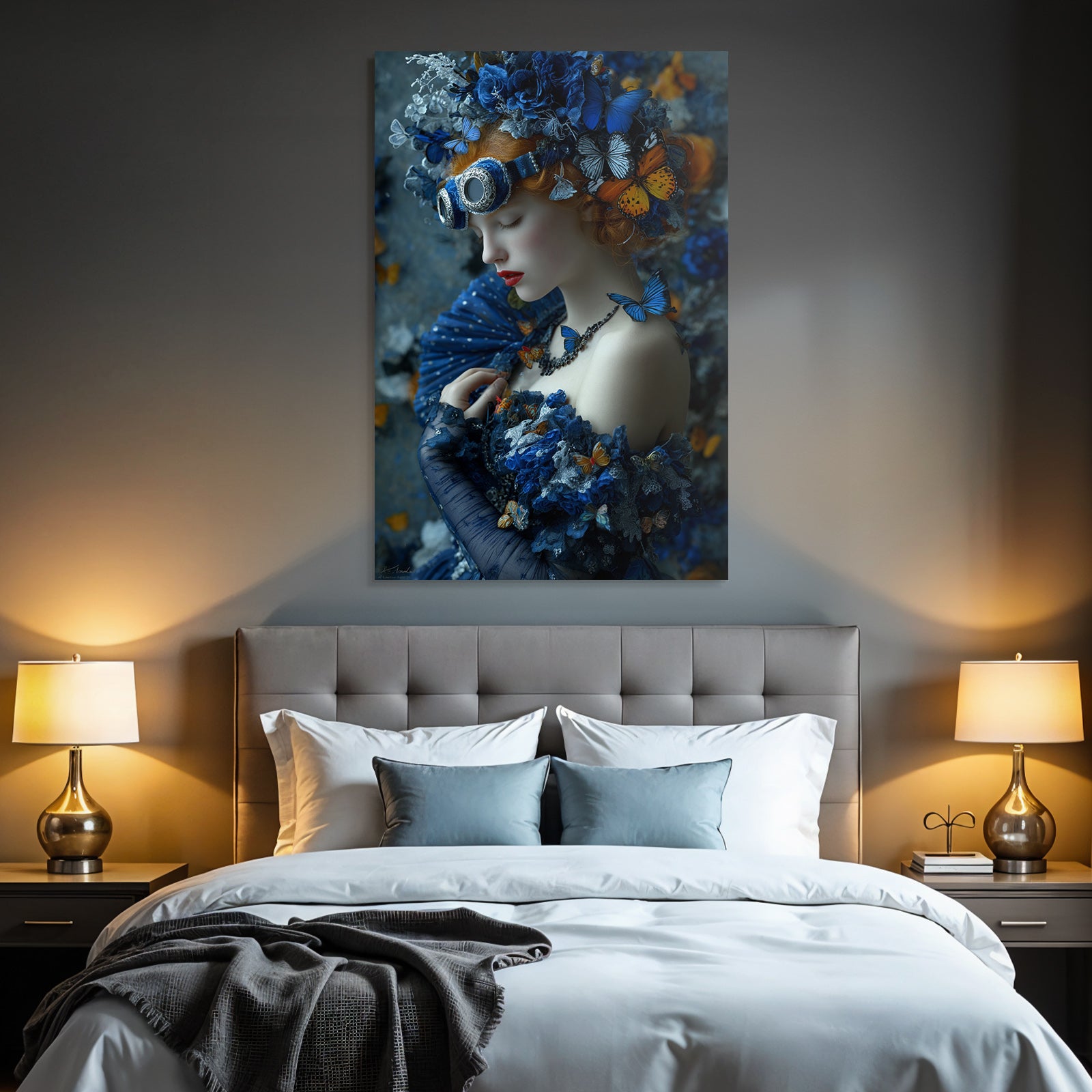 Blumige Fantasy Portrait Mit Blauer Robe Und Butterfly