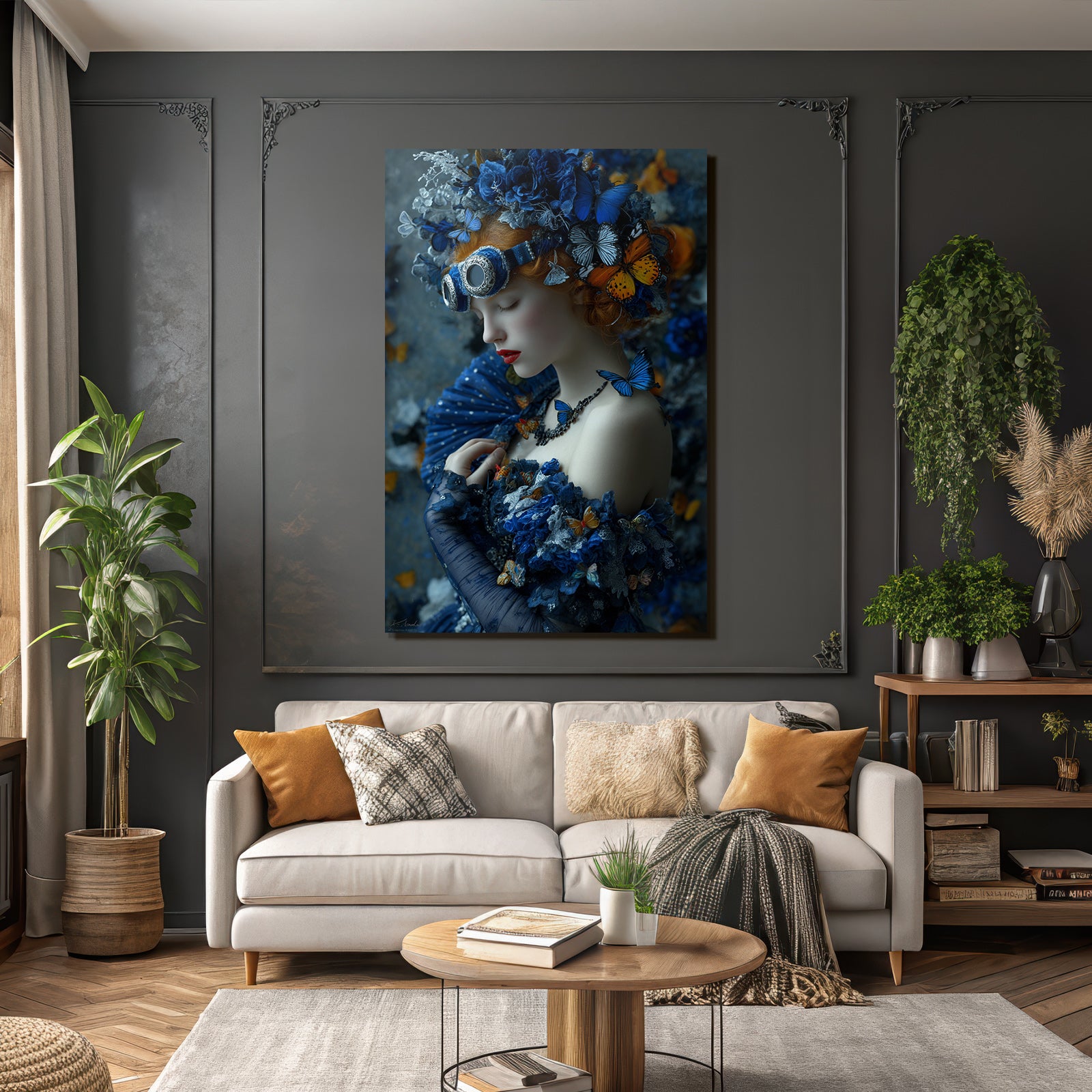Blumige Fantasy Portrait Mit Blauer Robe Und Butterfly