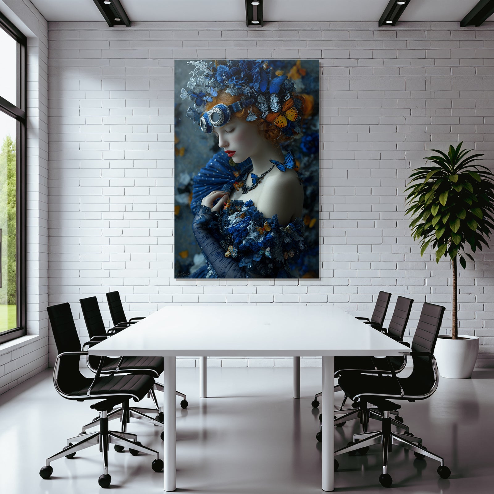Blumige Fantasy Portrait Mit Blauer Robe Und Butterfly