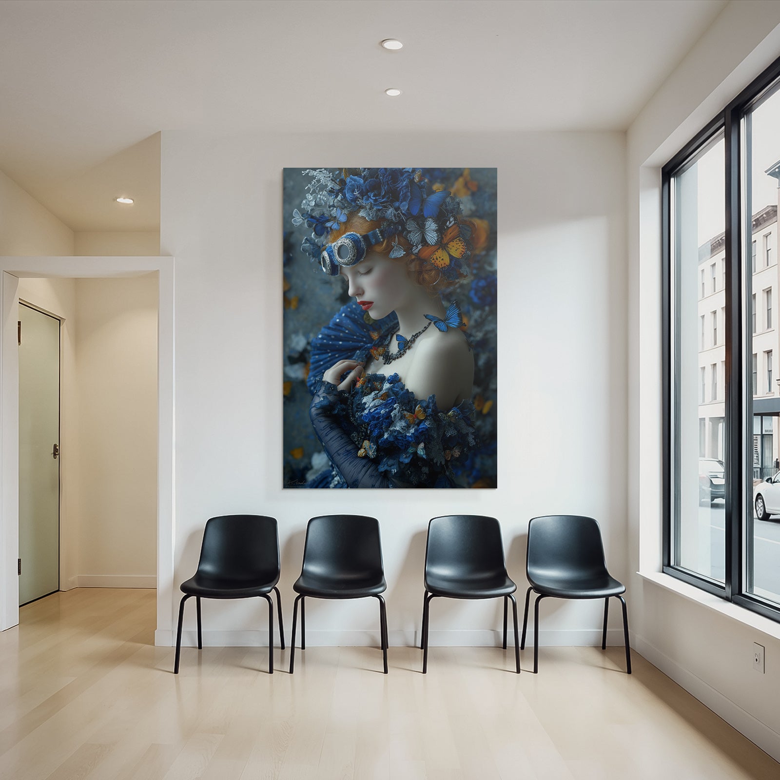 Blumige Fantasy Portrait Mit Blauer Robe Und Butterfly