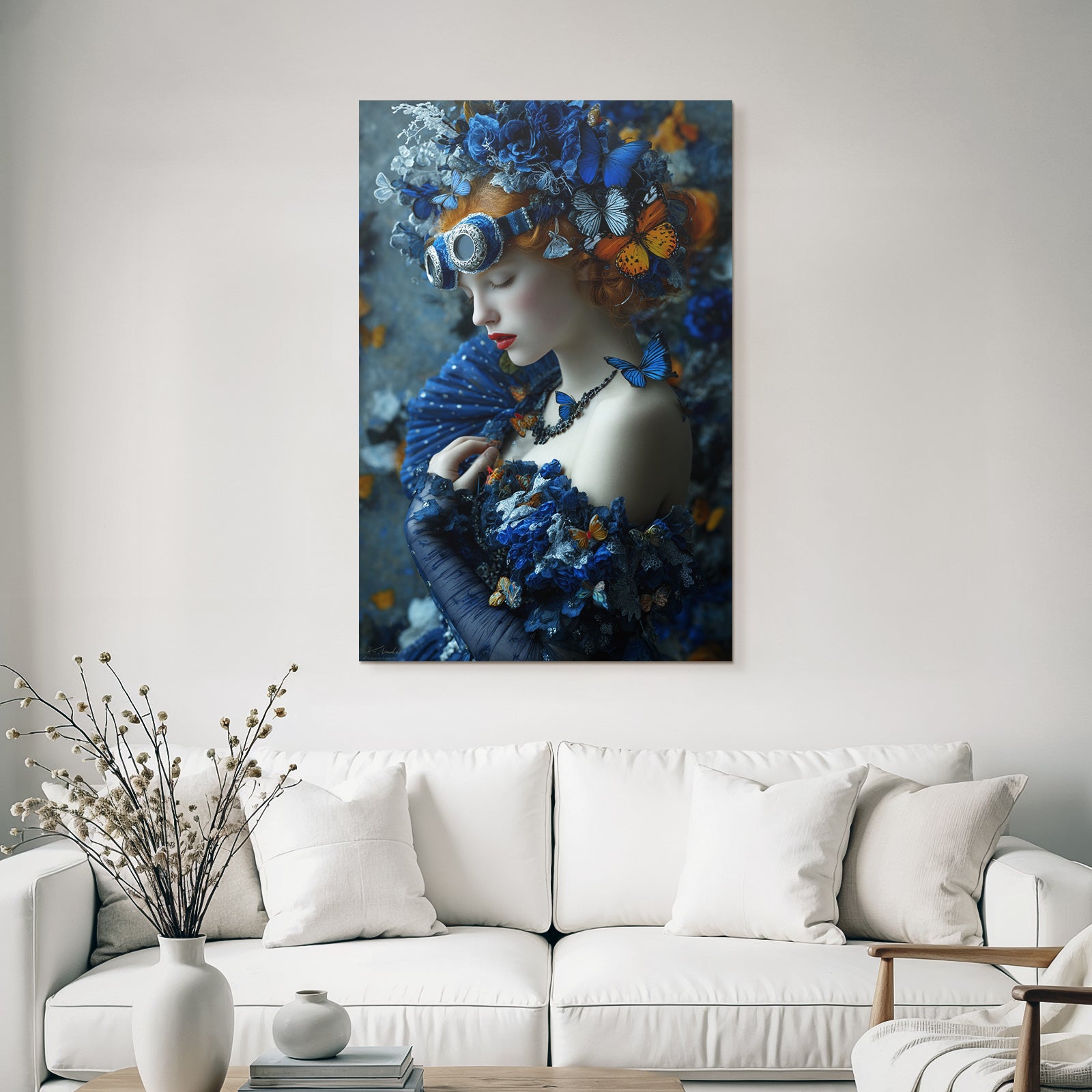 Blumige Fantasy Portrait Mit Blauer Robe Und Butterfly