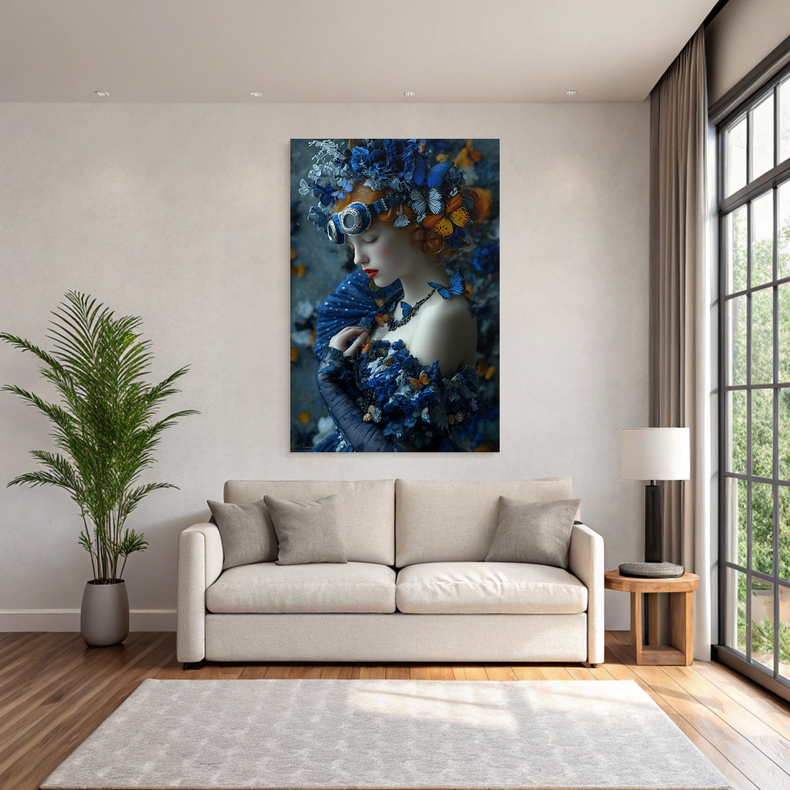 Blumige Fantasy Portrait Mit Blauer Robe Und Butterfly