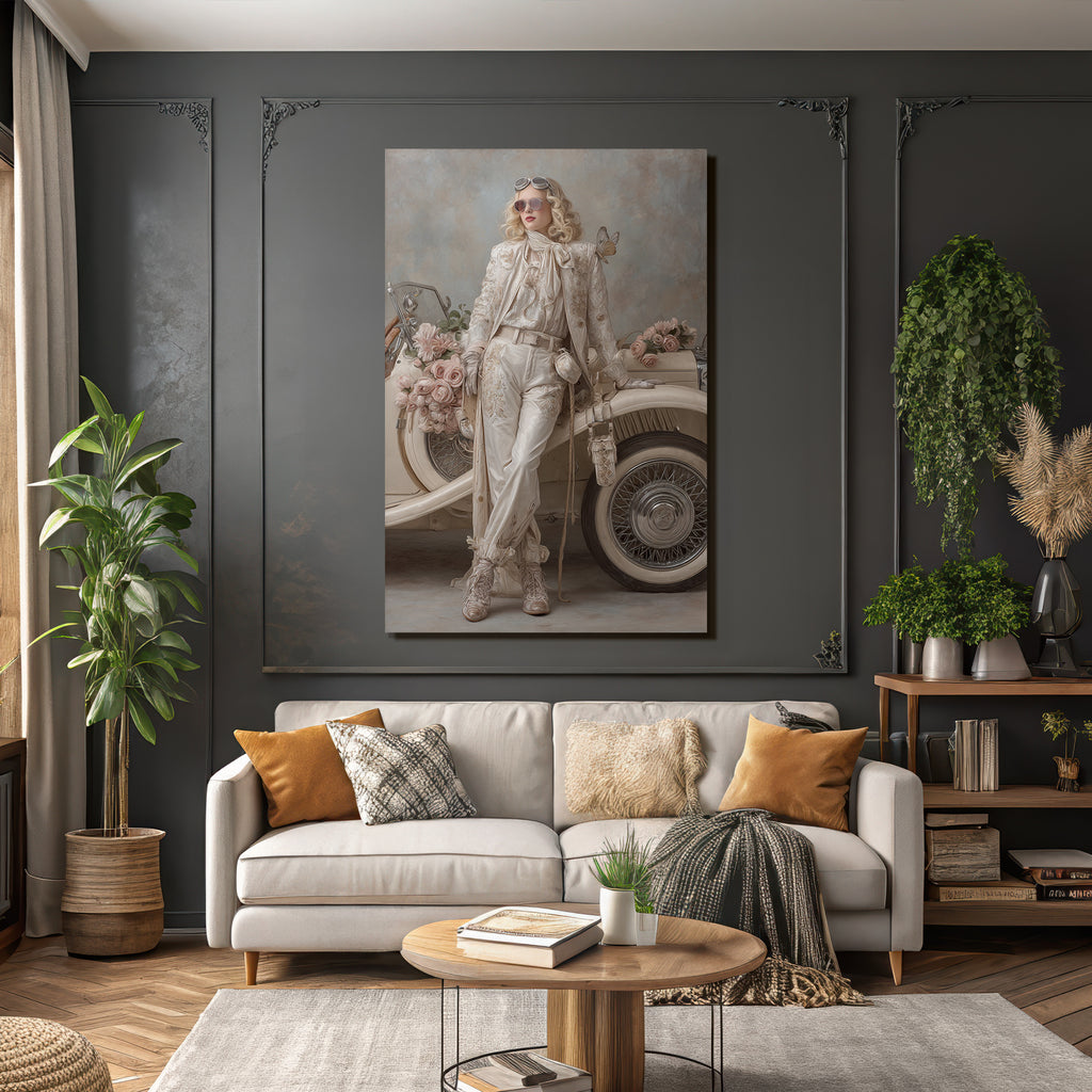 Elegante Fashion Model Neben Vintage Auto Mit Weisser Kleidung