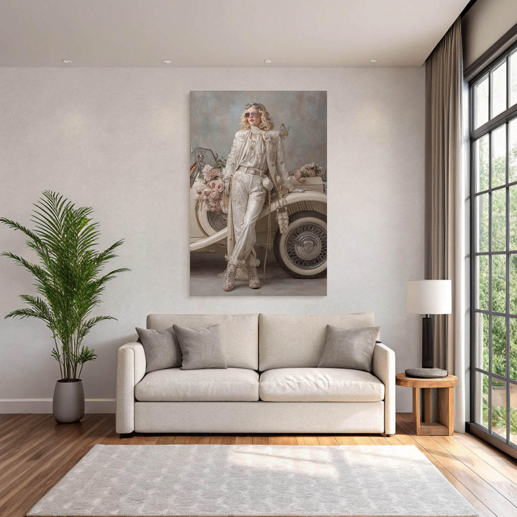 Elegante Fashion Model Neben Vintage Auto Mit Weisser Kleidung