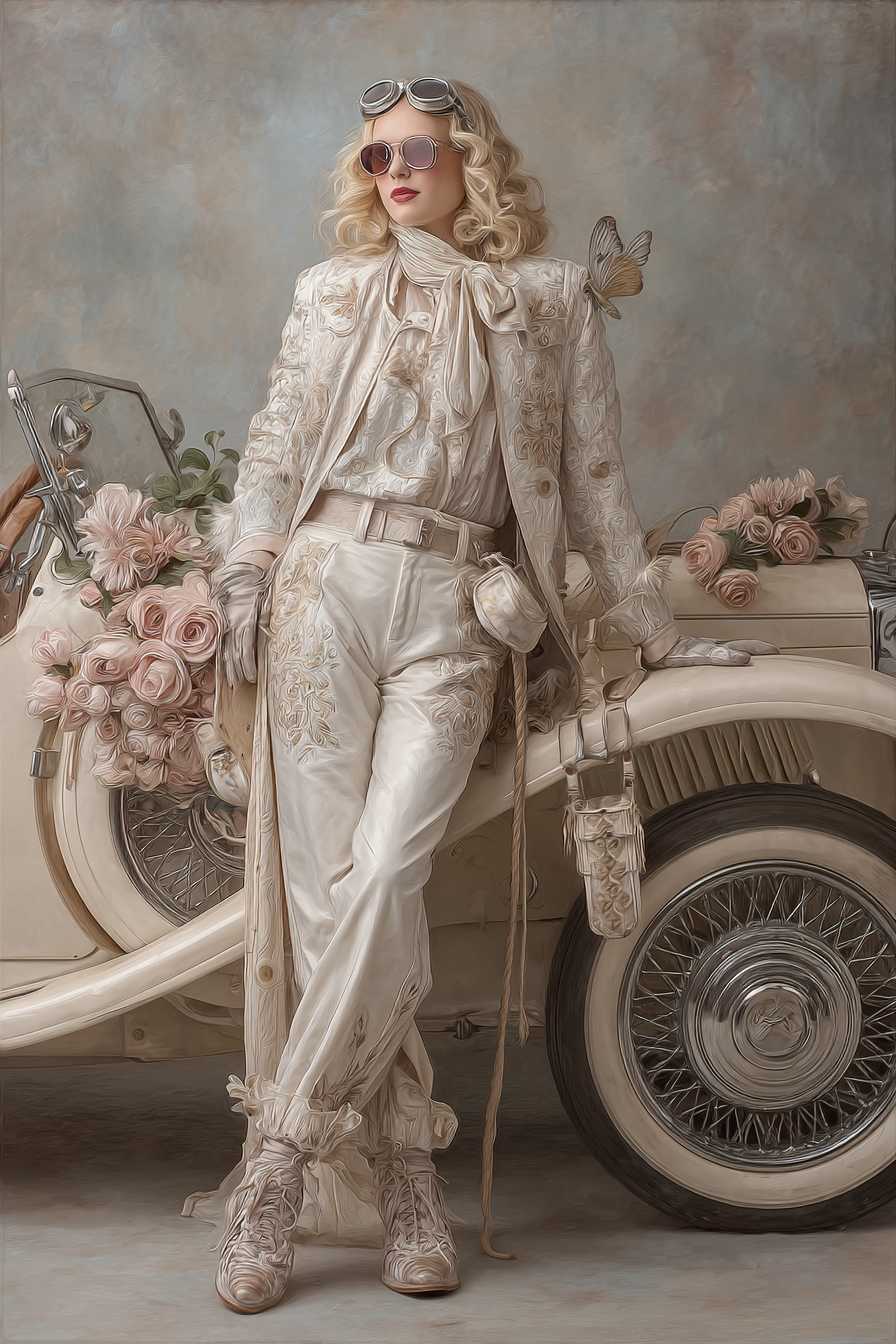 Elegante Fashion Model Neben Vintage Auto Mit Weisser Kleidung | Digital Art | Kunstgattungen