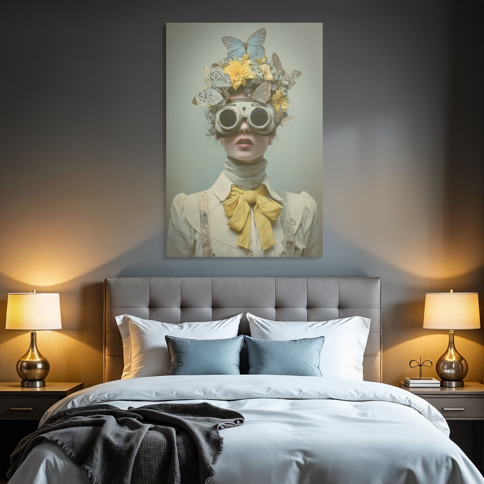Fantastisches Portraet Mit Blumen Unter Fluegeln Und Runden Goggles