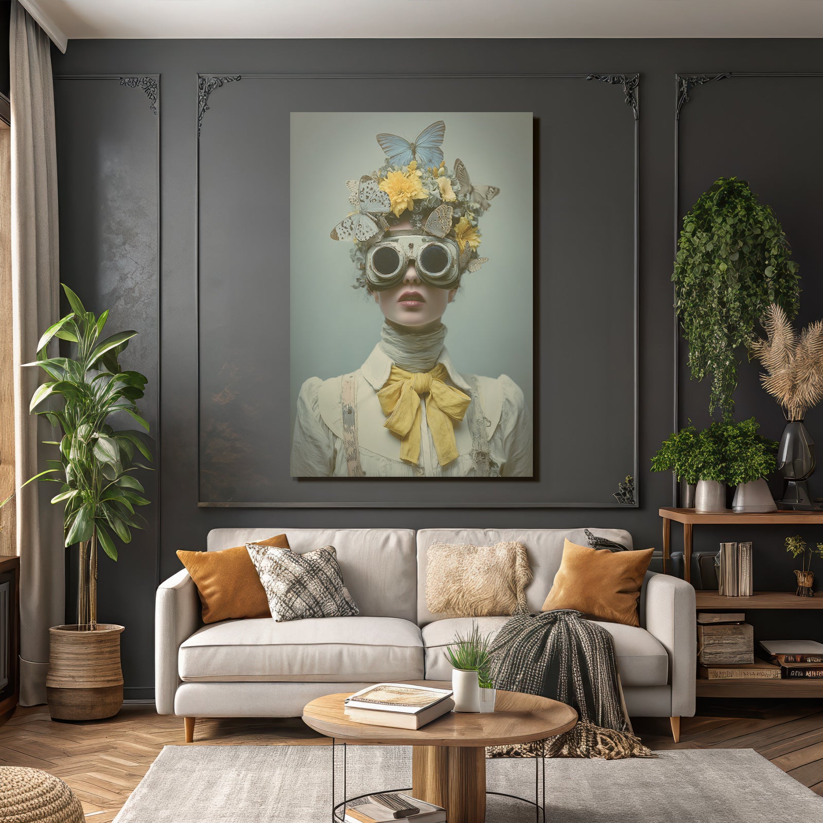 Fantastisches Portraet Mit Blumen Unter Fluegeln Und Runden Goggles