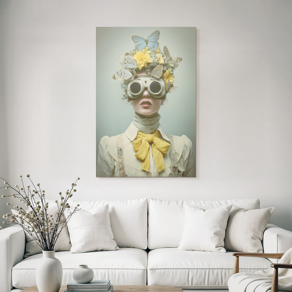 Fantastisches Portraet Mit Blumen Unter Fluegeln Und Runden Goggles