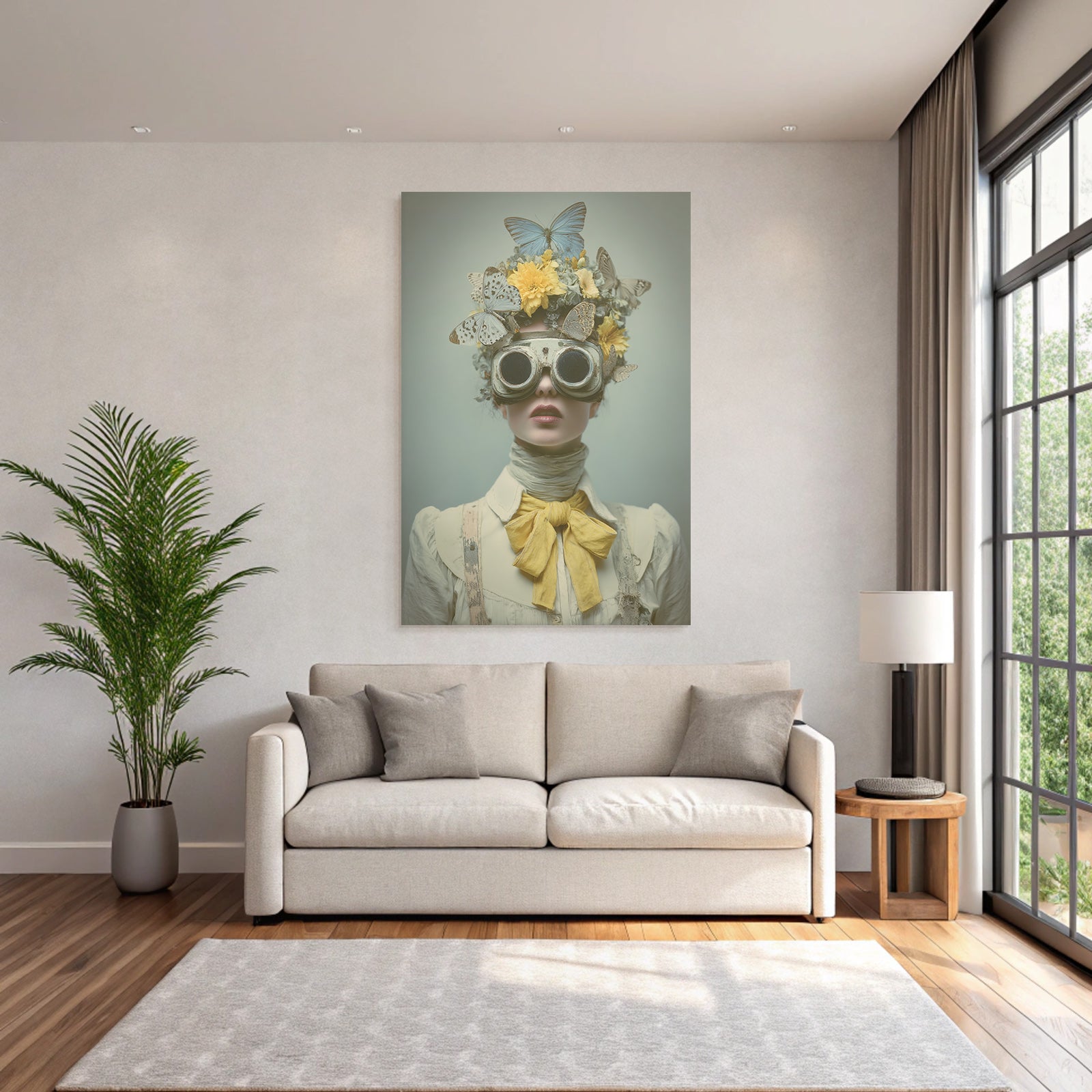 Fantastisches Portraet Mit Blumen Unter Fluegeln Und Runden Goggles