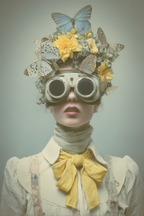 Fantastisches Portraet Mit Blumen Unter Fluegeln Und Runden Goggles | Digital Art | Kunstgattungen