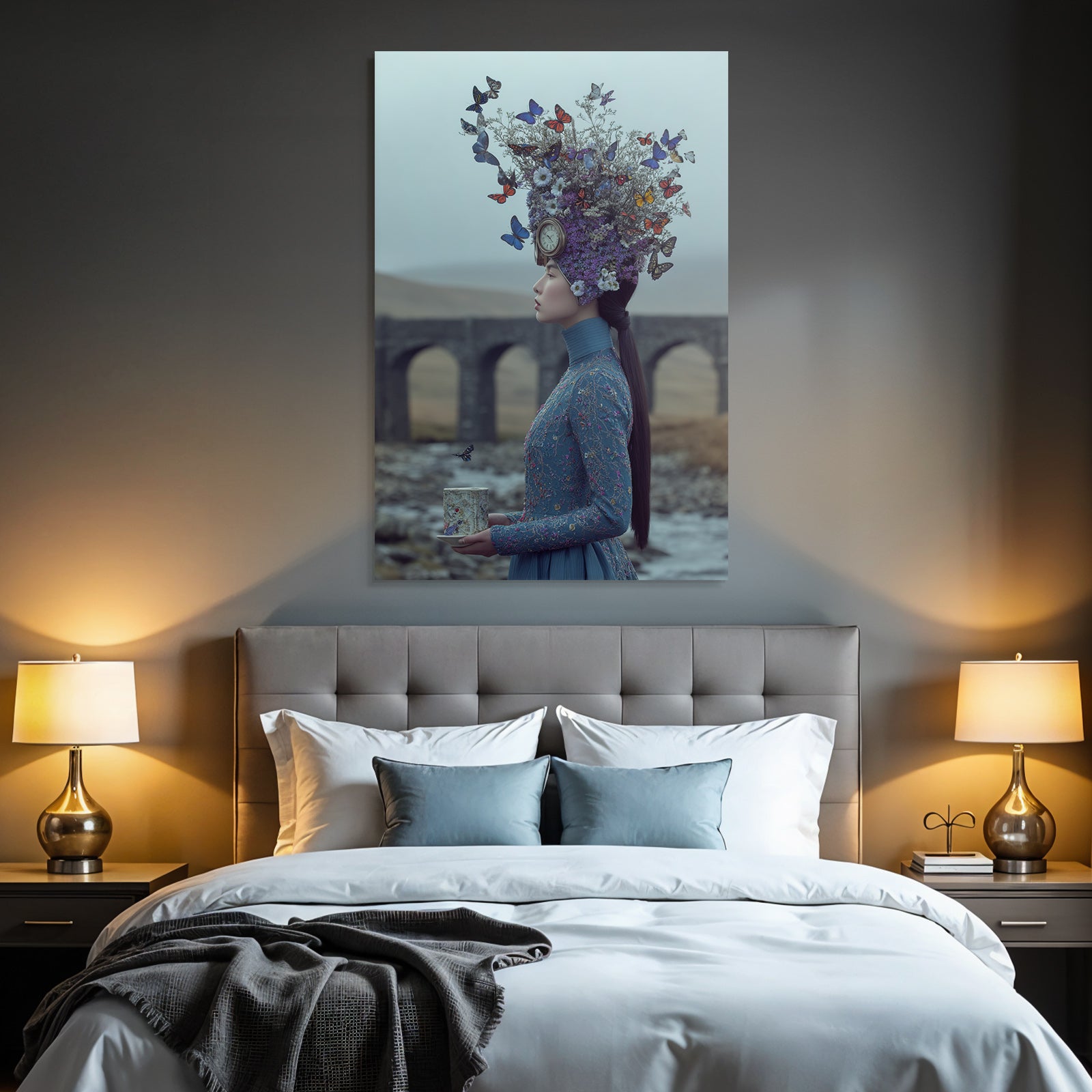 Frau Im Blauen Outfit Mit Blumen Und Schmetterlingen In Einer Surrealen Landschaft