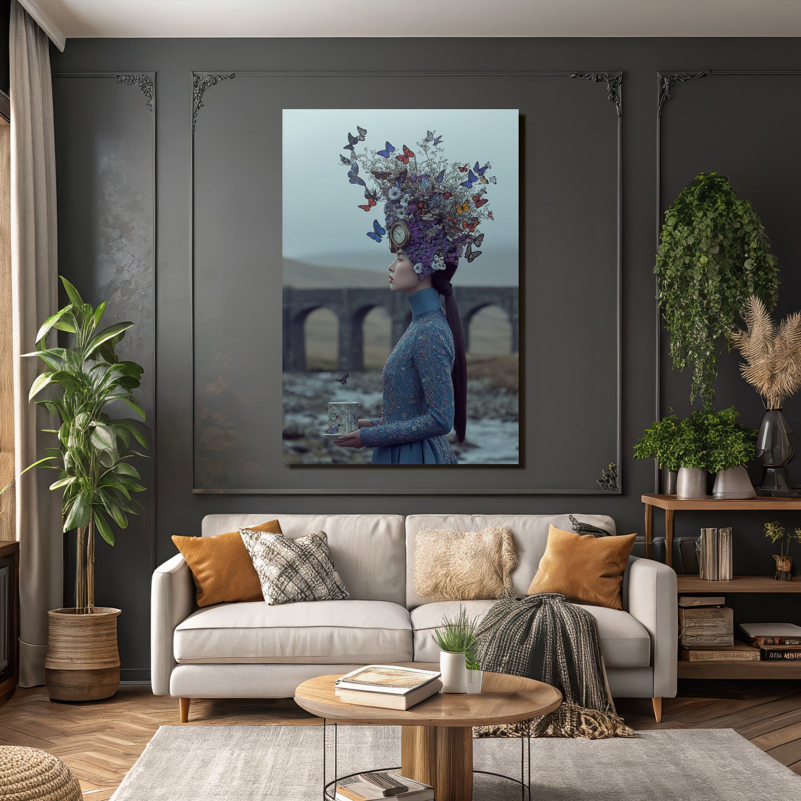 Frau Im Blauen Outfit Mit Blumen Und Schmetterlingen In Einer Surrealen Landschaft