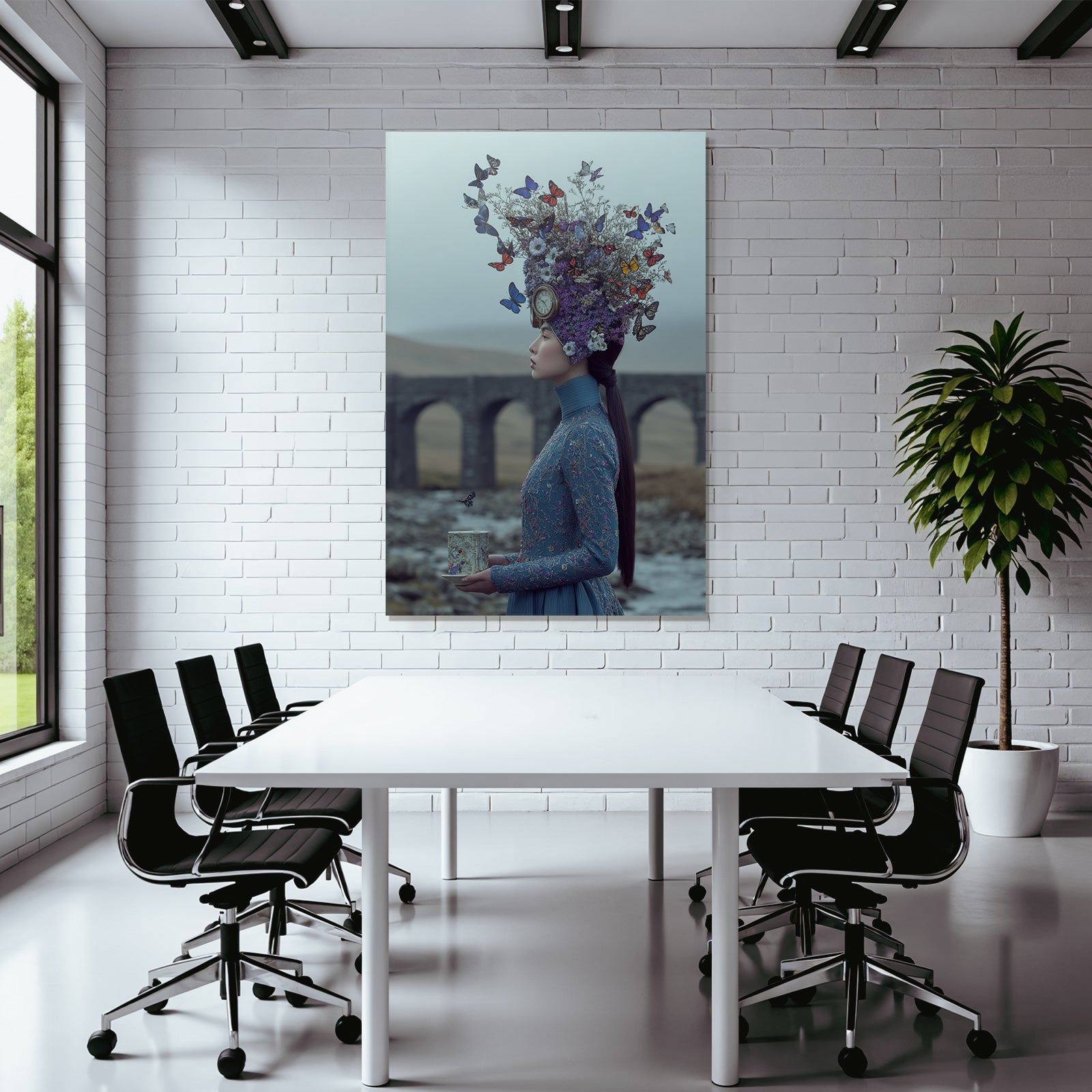 Frau Im Blauen Outfit Mit Blumen Und Schmetterlingen In Einer Surrealen Landschaft